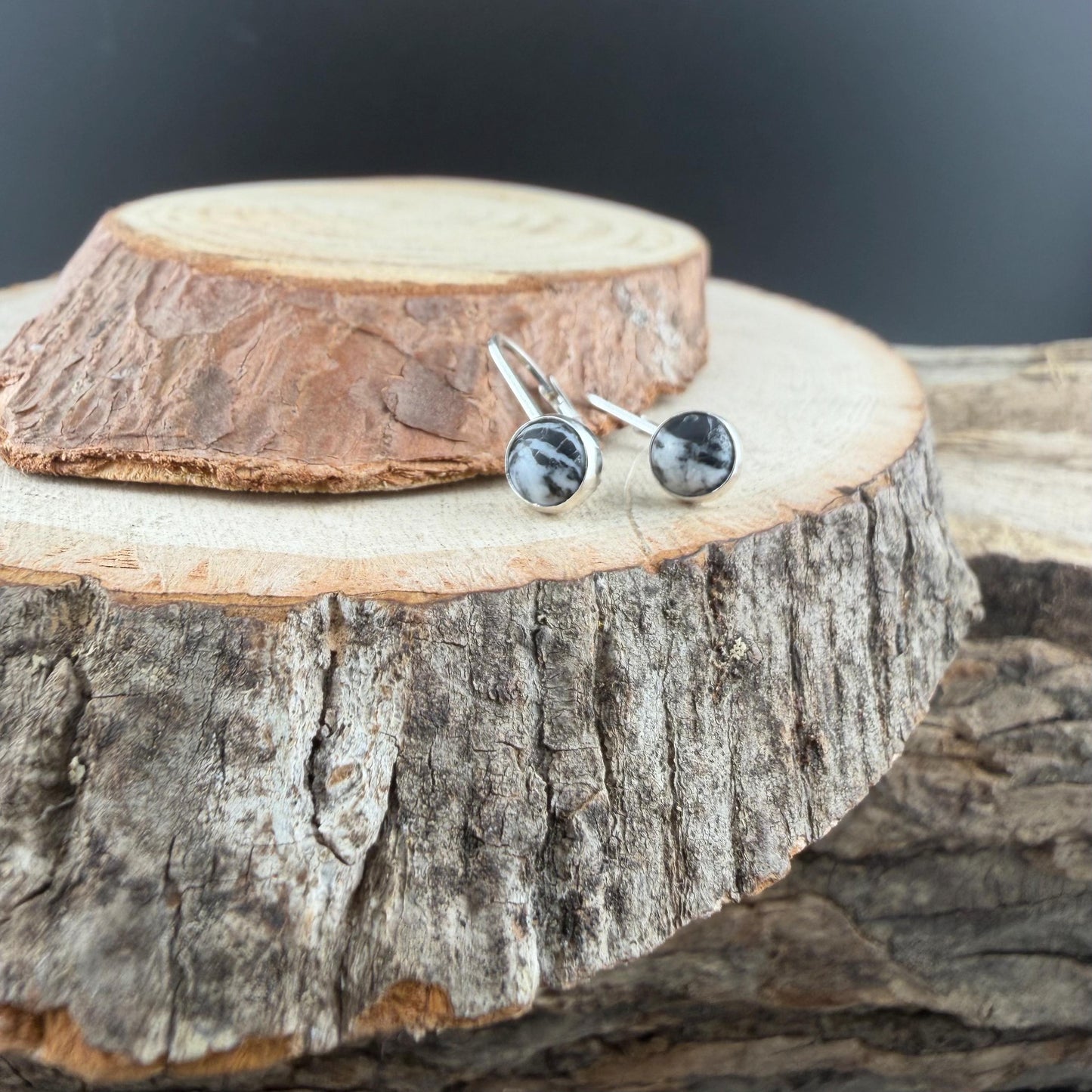 Sterling White Buffalo Lever Back Earrings • 6mm Round Cabochon • Minimalist Black-White Stone