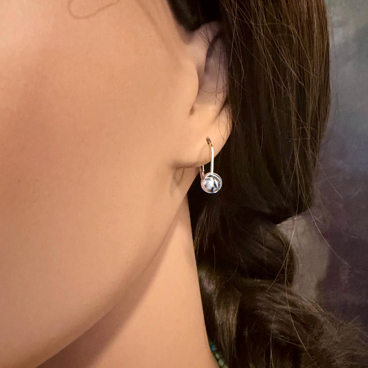 Sterling White Buffalo Lever Back Earrings • 6mm Round Cabochon • Minimalist Black-White Stone