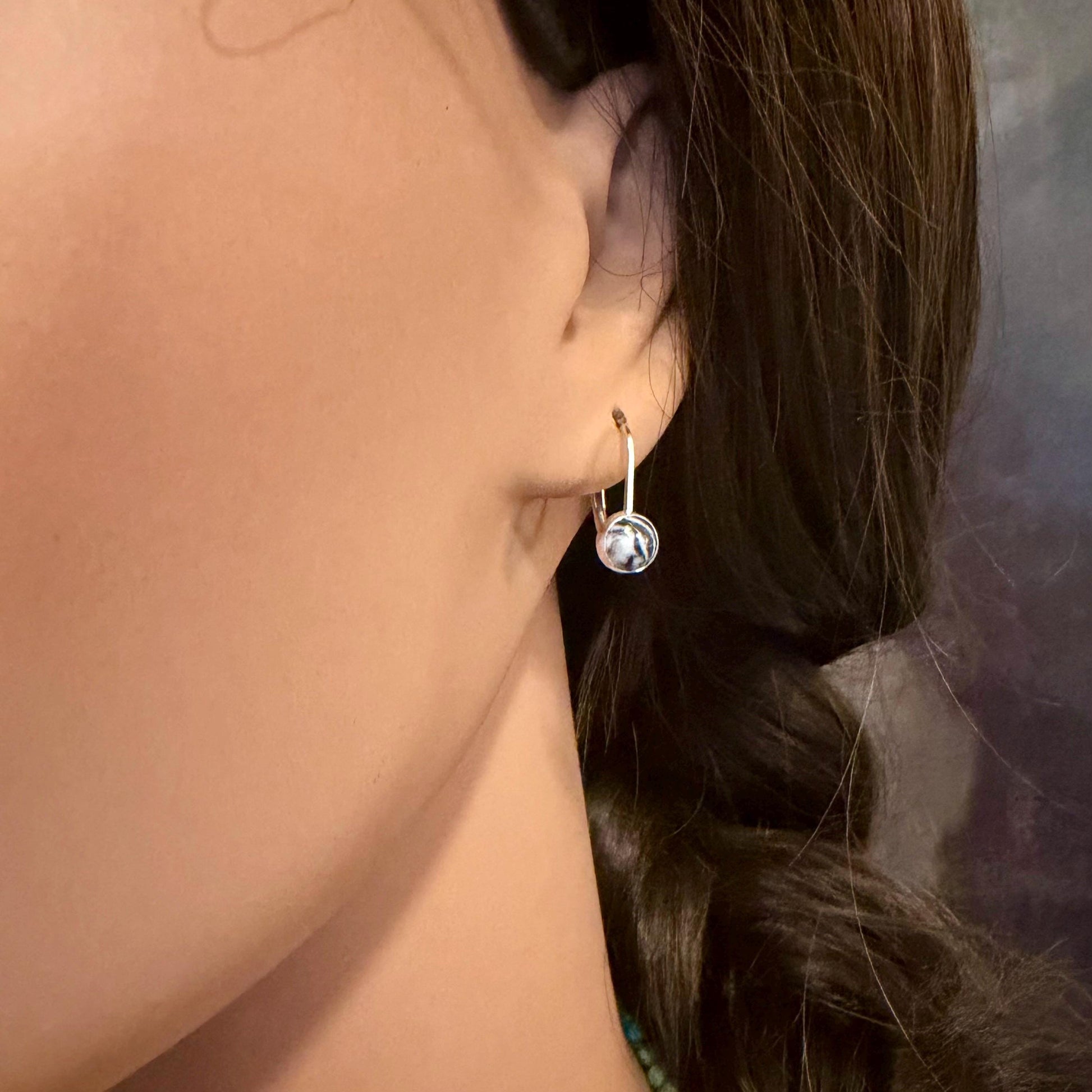 Sterling White Buffalo Lever Back Earrings • 6mm Round Cabochon • Minimalist Black-White Stone