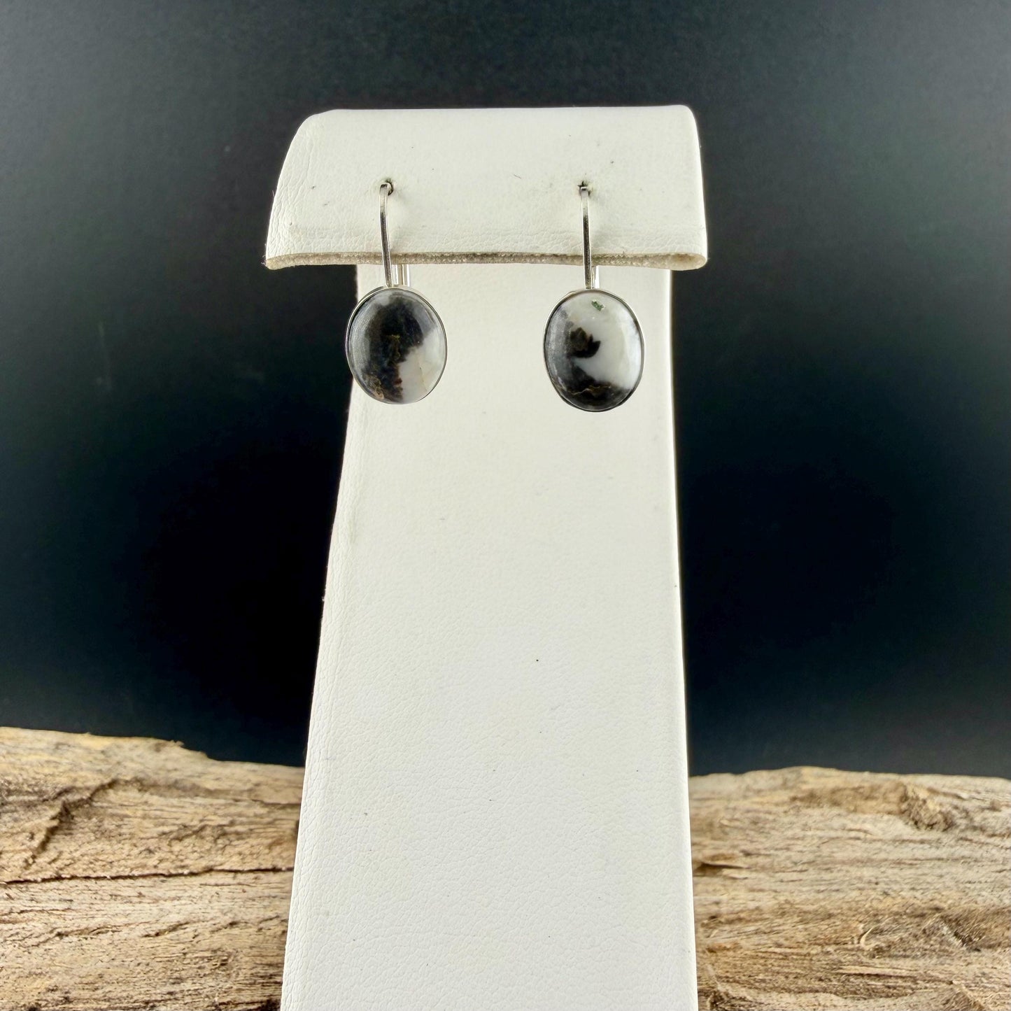 Sterling Lever-Back White Buffalo Earrings • 8x10 Oval Cabochon with Black-White Matrix