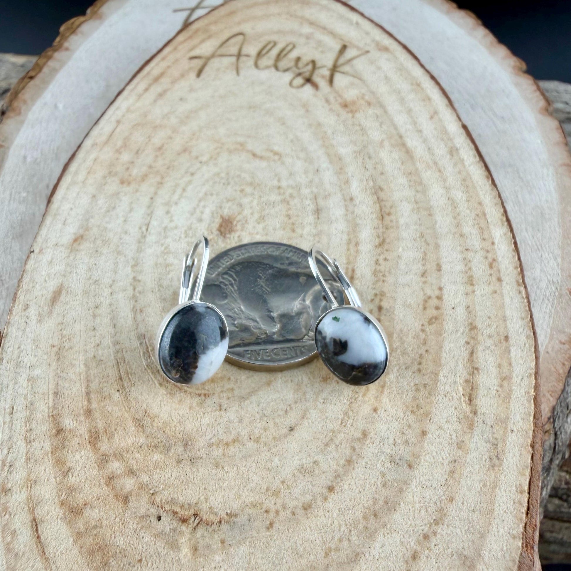 Sterling Lever-Back White Buffalo Earrings • 8x10 Oval Cabochon with Black-White Matrix
