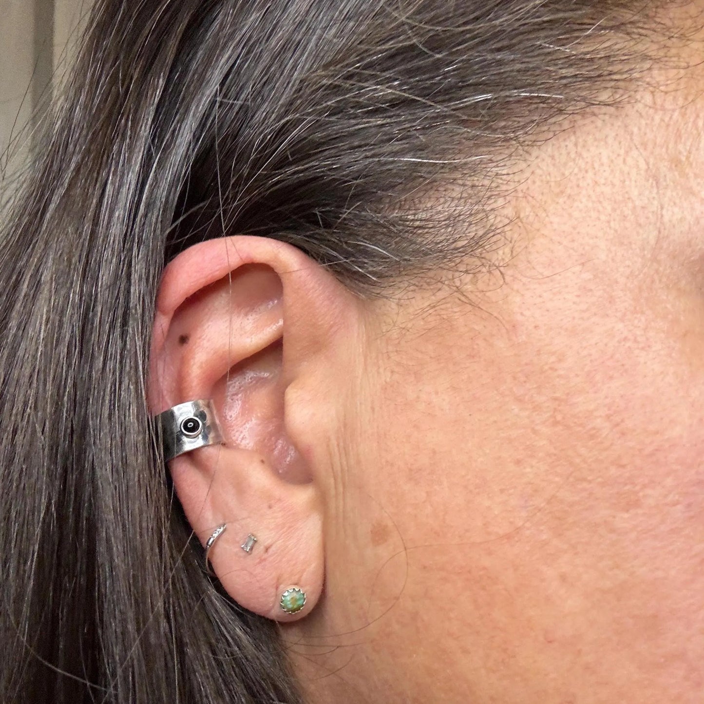 Sterling Silver 3mm Onyx Ear Cuff | Wide Conch Band | No-Piercing Earring