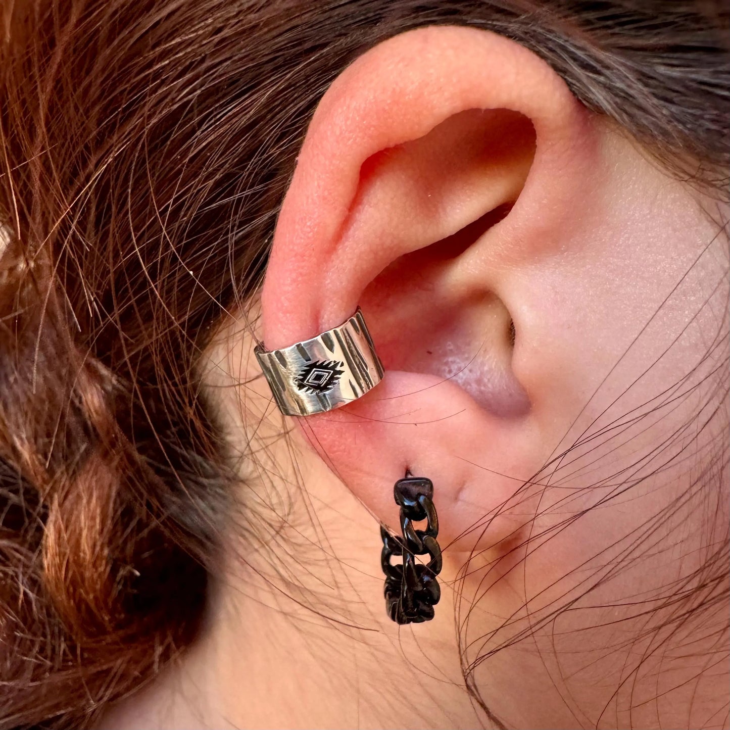 Sterling Silver Textured Southwest Design Embossed Ear Cuff | Wide Conch Band | No-Piercing Earring