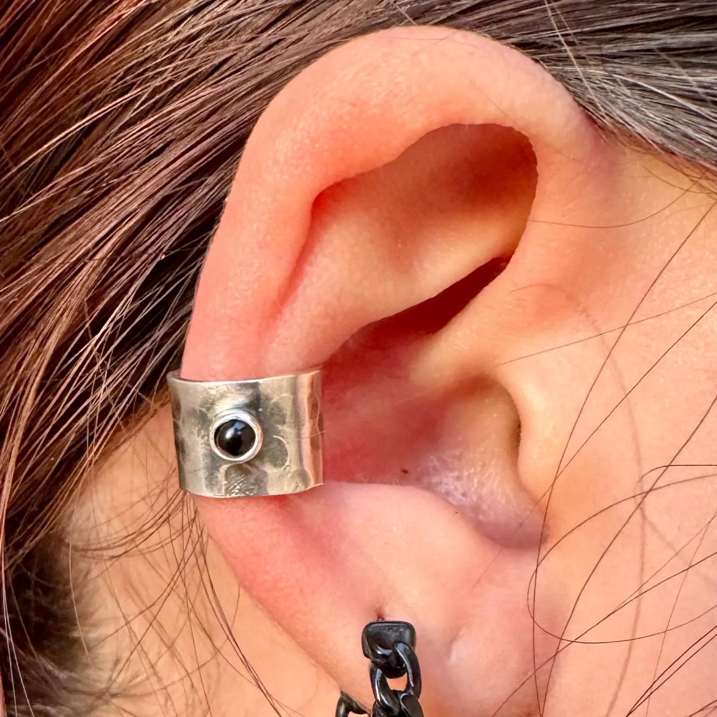Sterling Silver 3mm Onyx Ear Cuff | Wide Conch Band | No-Piercing Earring