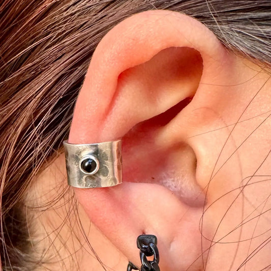 Sterling Silver 3mm Onyx Ear Cuff | Wide Conch Band | No-Piercing Earring