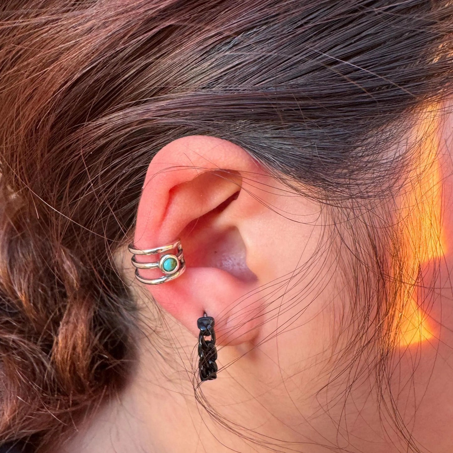 Sterling Silver 3mm Genuine Turquoise Ear Cuff | Wide Conch Band | No-Piercing Earring