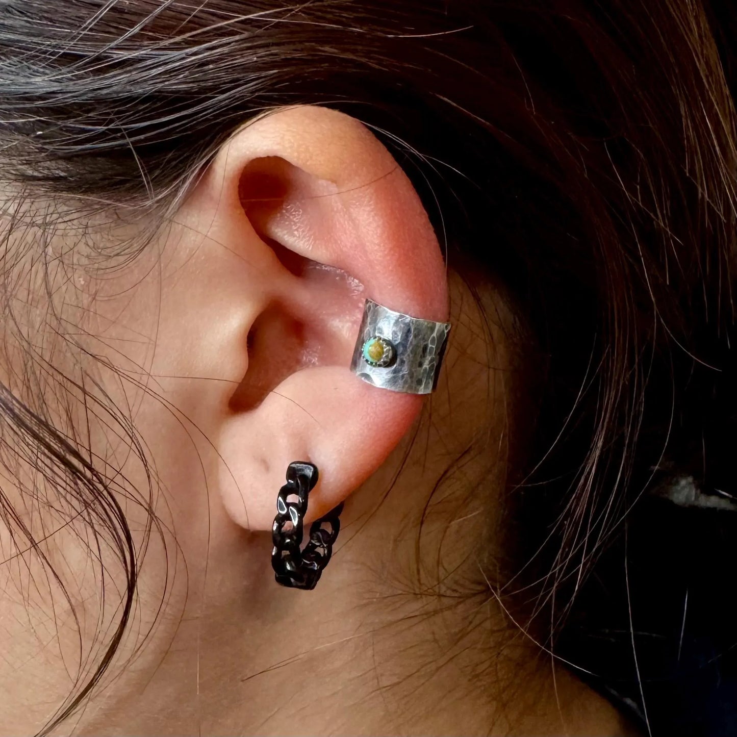 Sterling Silver 3mm Genuine Turquoise Ear Cuff • Wide Conch Band • No‑Piercing Faux Conch Earring