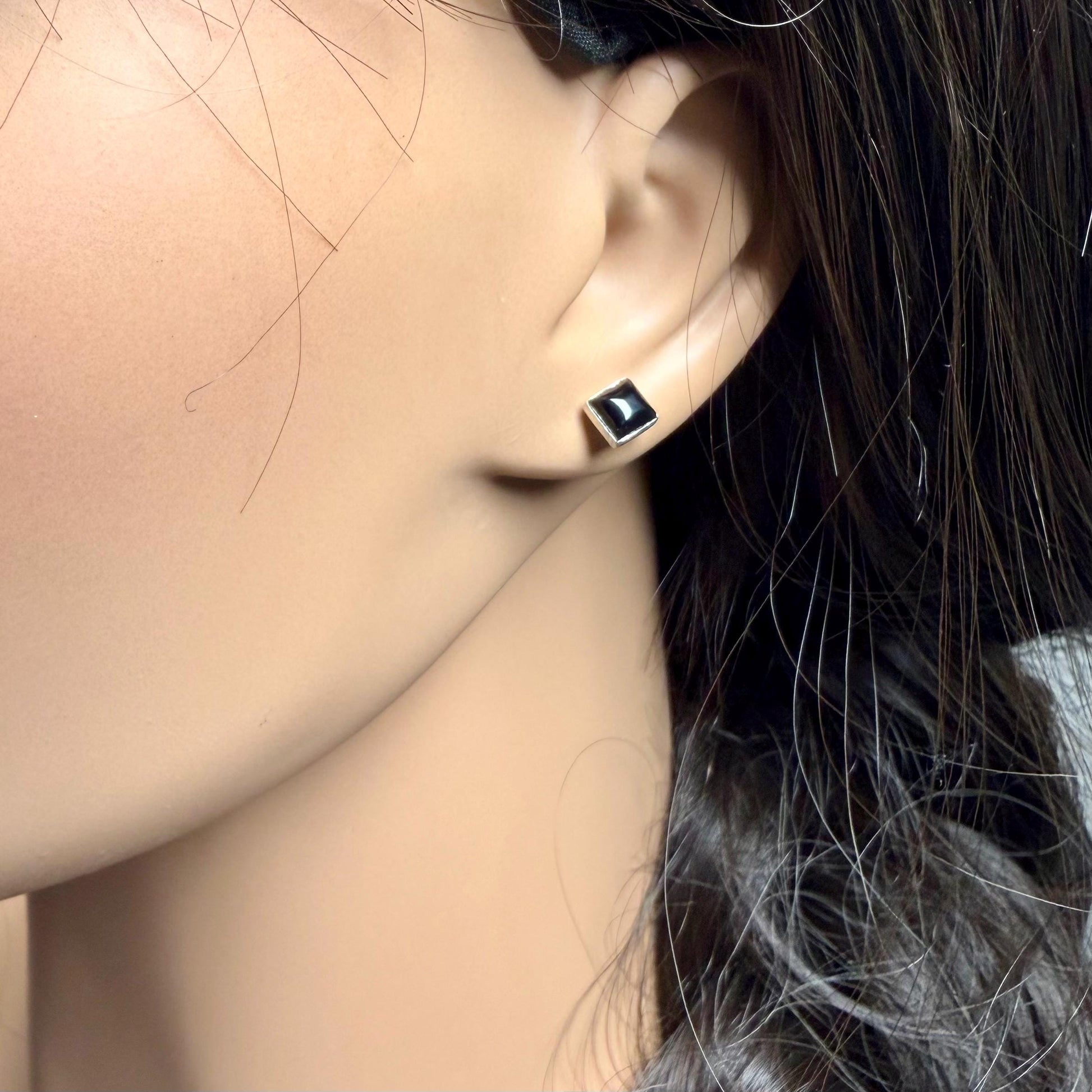 Black Onyx Stud Earrings • 5mm Square • Sterling Silver Minimalist Posts