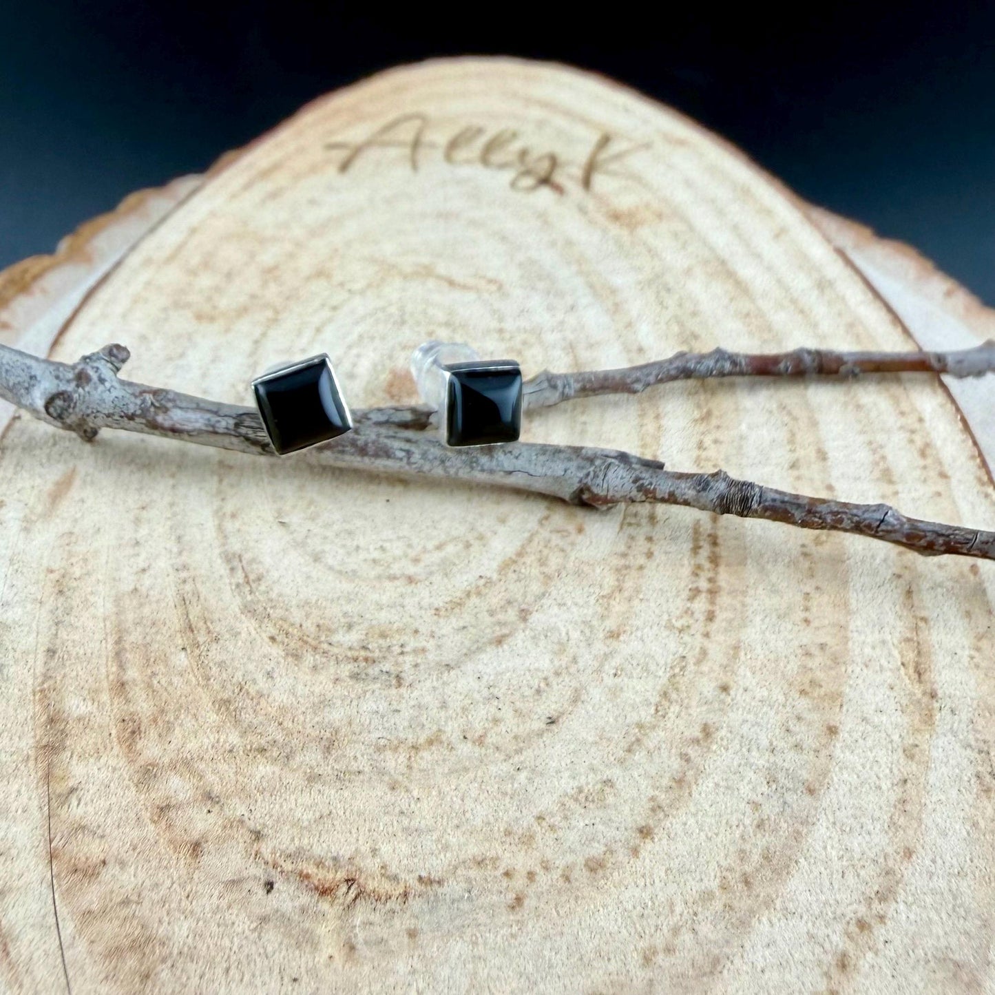 Black Onyx Stud Earrings • 5mm Square • Sterling Silver Minimalist Posts