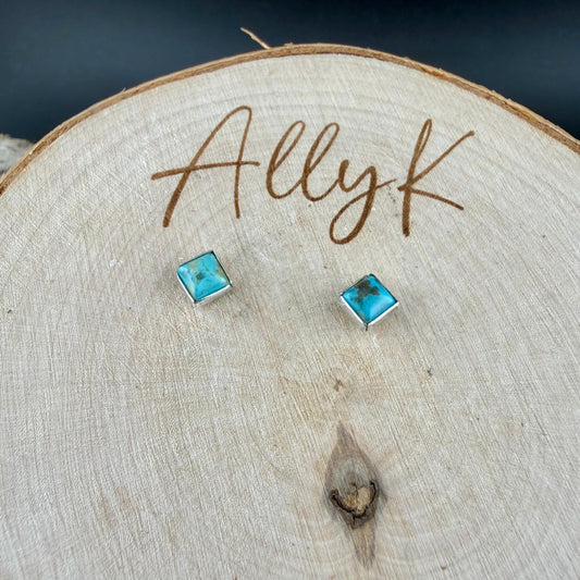 Turquoise Stud Earrings Sterling Silver • 4mm Kingman Turquoise Blue Green Cabochon Posts