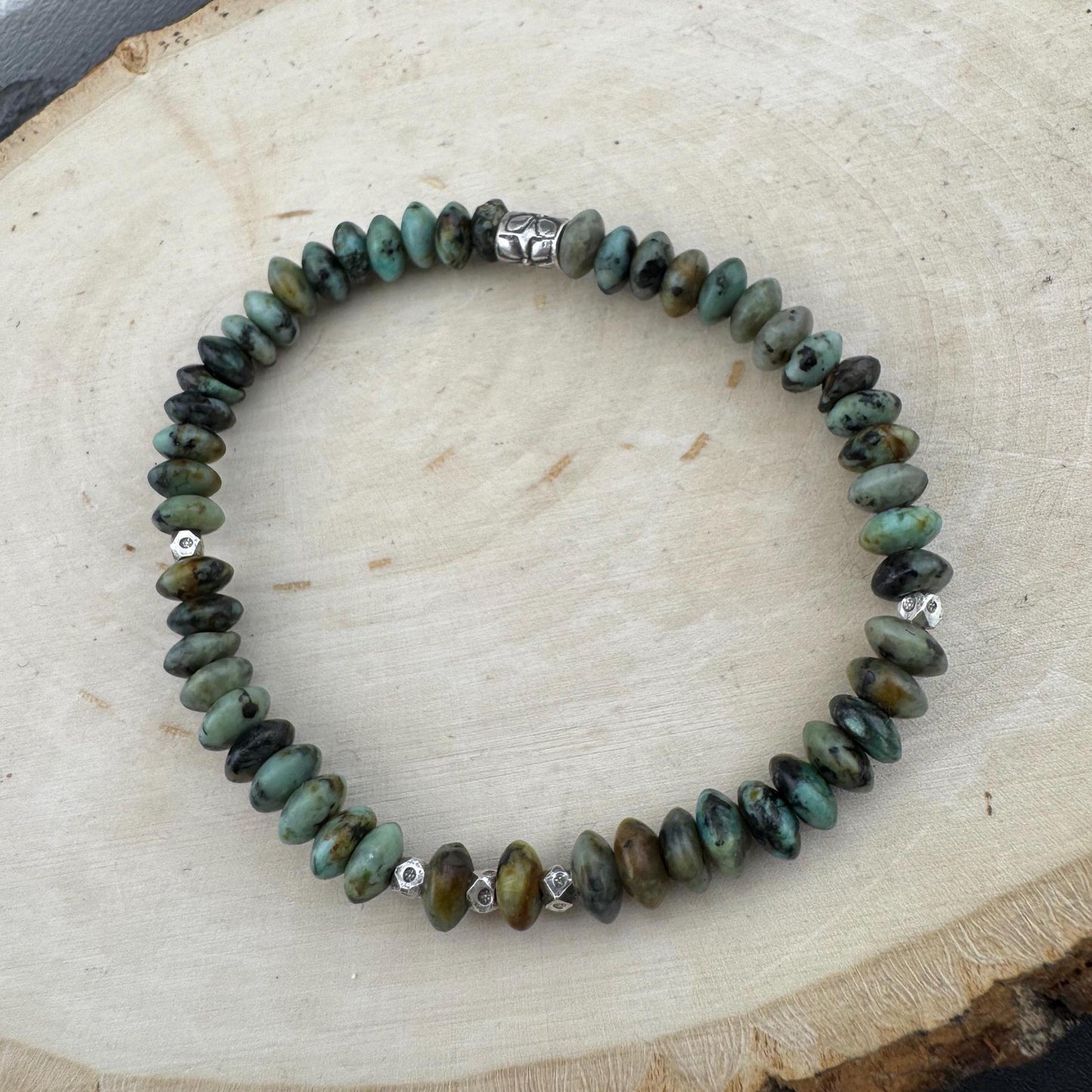 African Turquoise Jasper Bracelet: Sterling Silver, Boho Stretch Gemstone