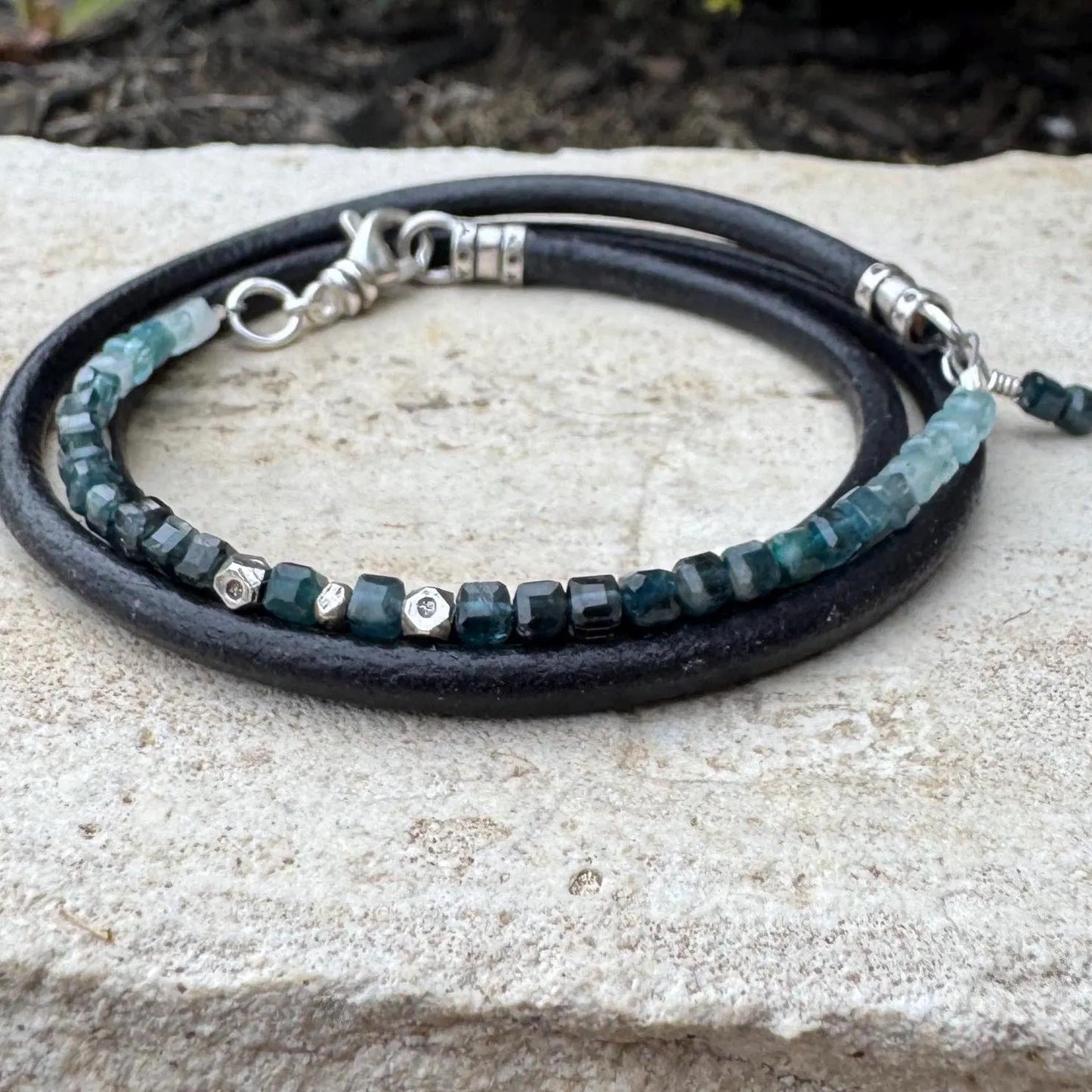 Paraíba Blue Tourmaline Leather Wrap • Black 3mm Leather • Sterling Silver