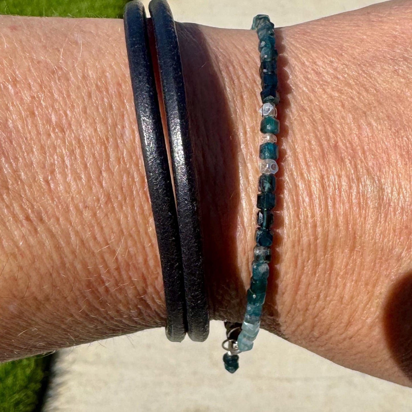 Paraíba Blue Tourmaline Leather Wrap • Black 3mm Leather • Sterling Silver