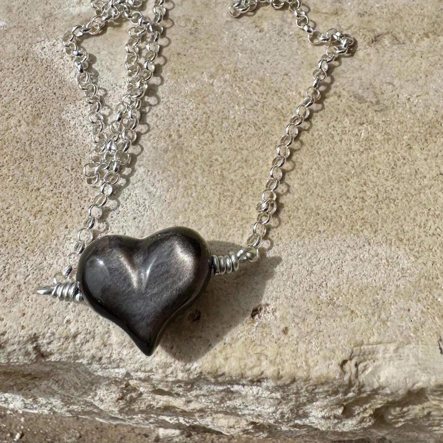 Silver Obsidian Heart Necklace • 16mm Puffy Gemstone • Sterling Rolo Chain