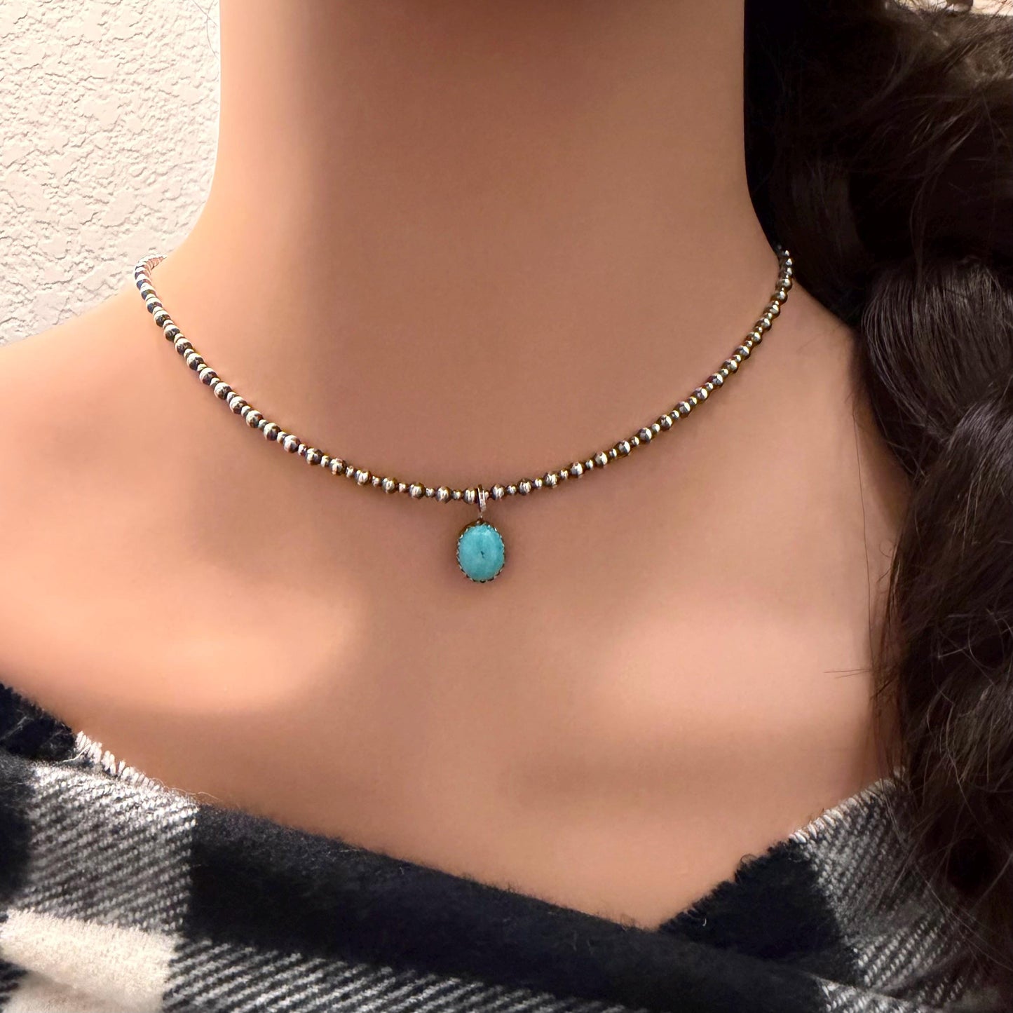 Sterling Silver Navajo Pearl Necklace • Dainty 2mm 3mm Pearls • Kingman Turquoise Pendant