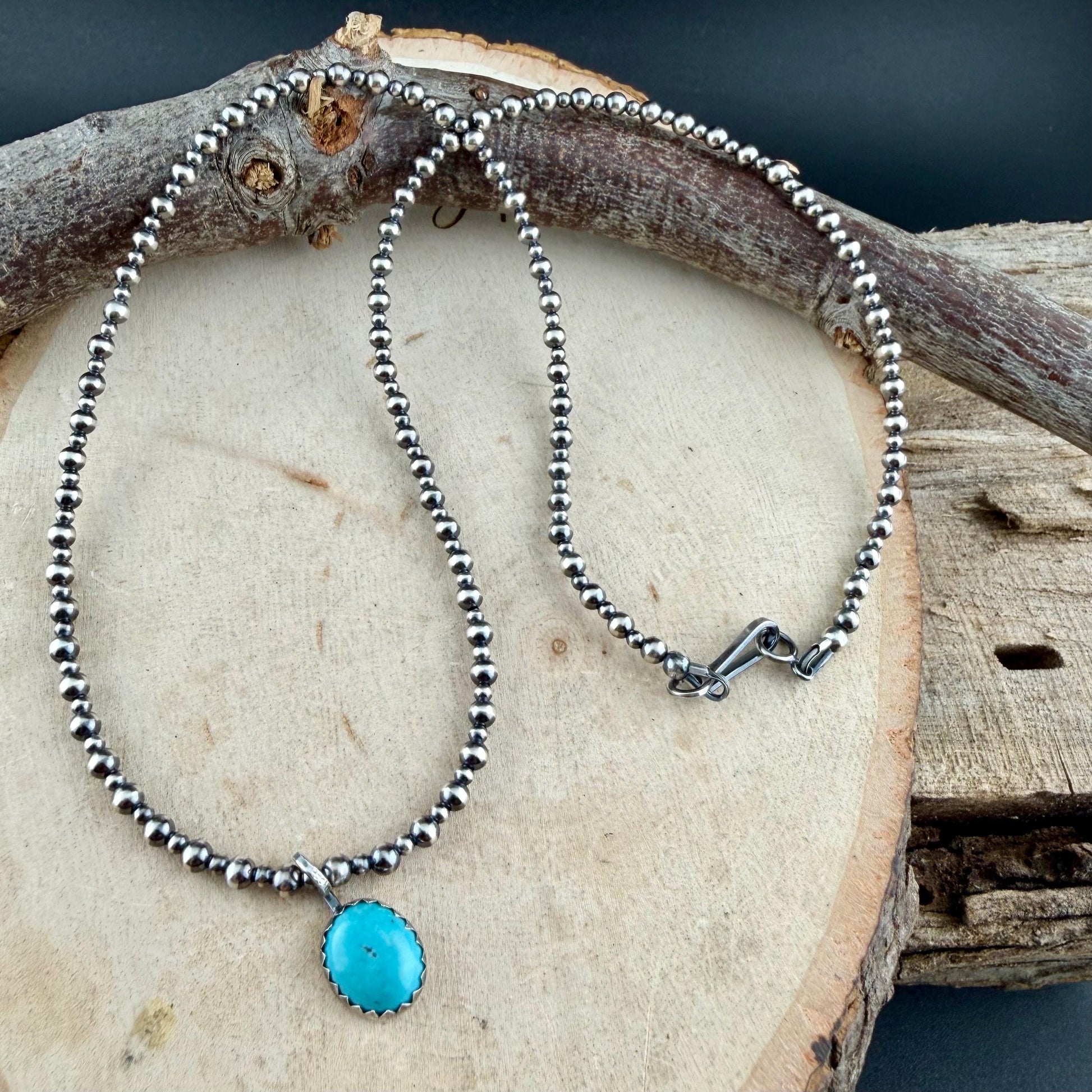 Sterling Silver Navajo Pearl Necklace • Dainty 2mm 3mm Pearls • Kingman Turquoise Pendant