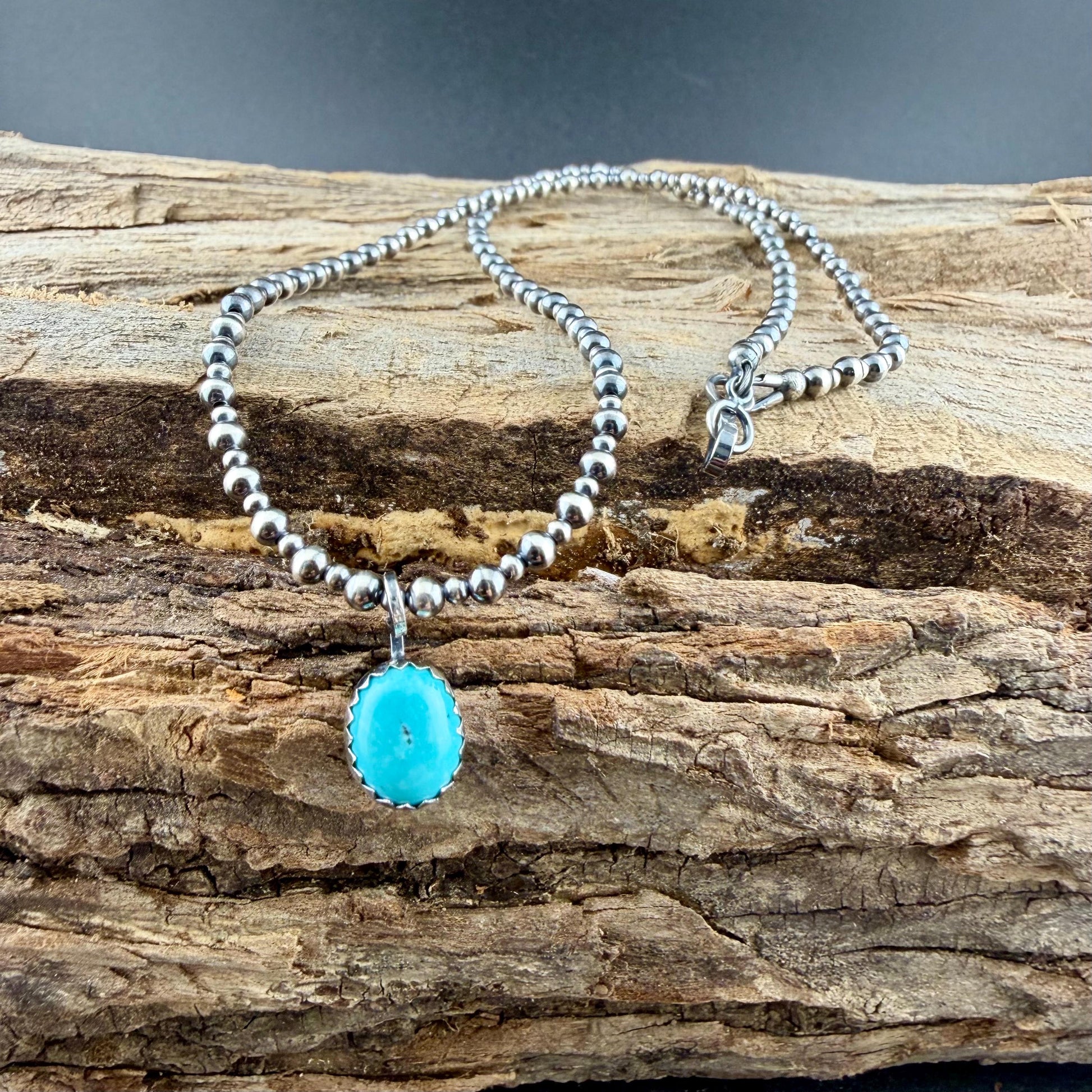 Sterling Silver Navajo Pearl Necklace • Dainty 2mm 3mm Pearls • Kingman Turquoise Pendant
