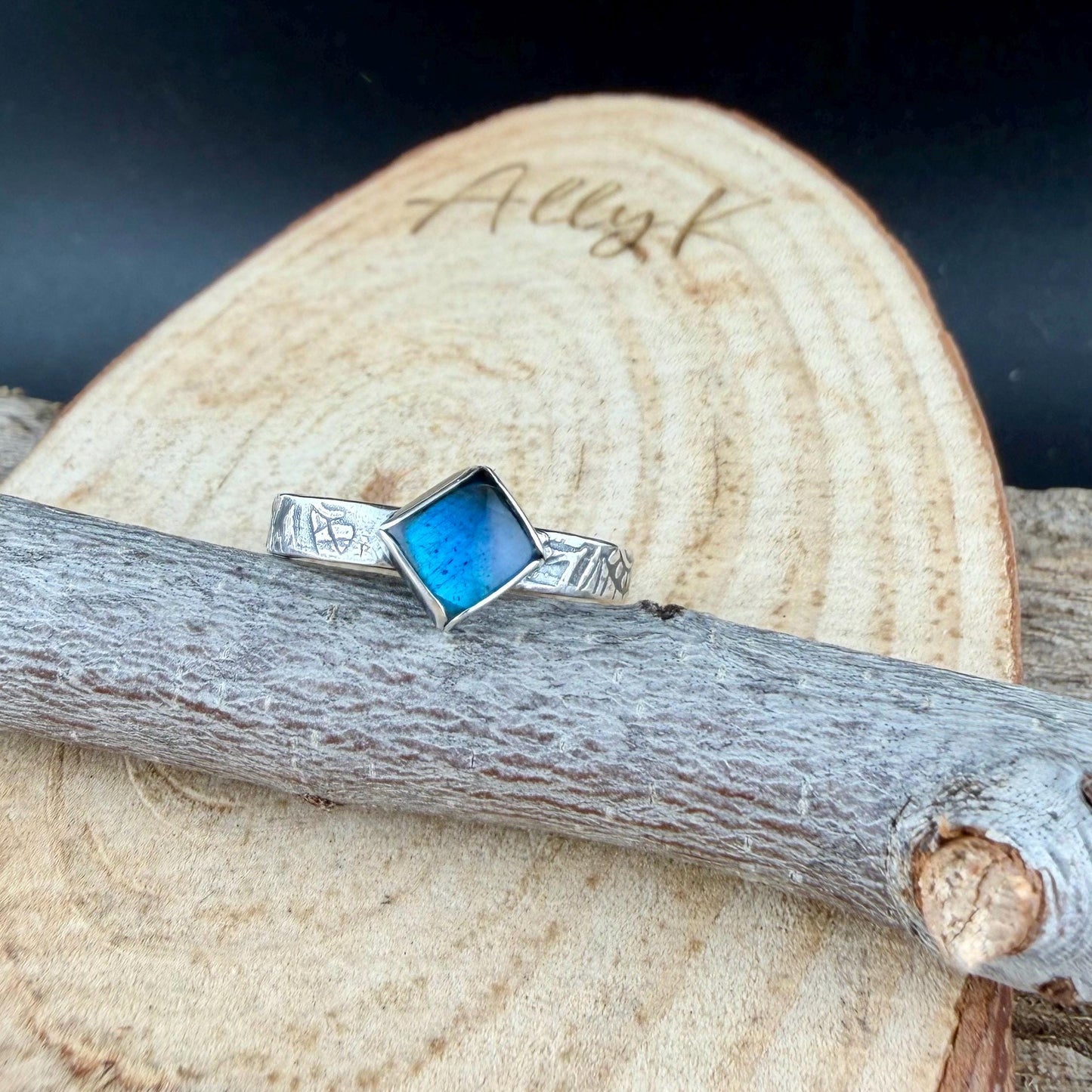 Sterling Silver Rectangle Band Ring with Blue-Fire Labradorite • 6mm Cabochon