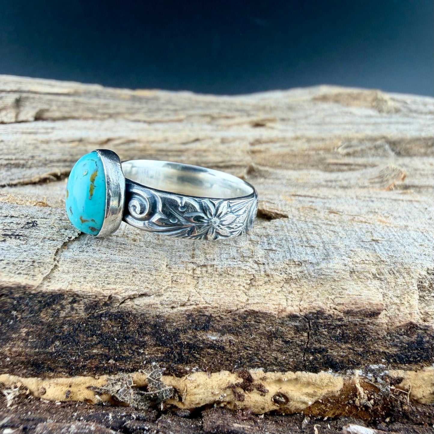 Sterling Silver Daisy Ring with Kingman Turquoise | Oval American Gemstone Jewelry