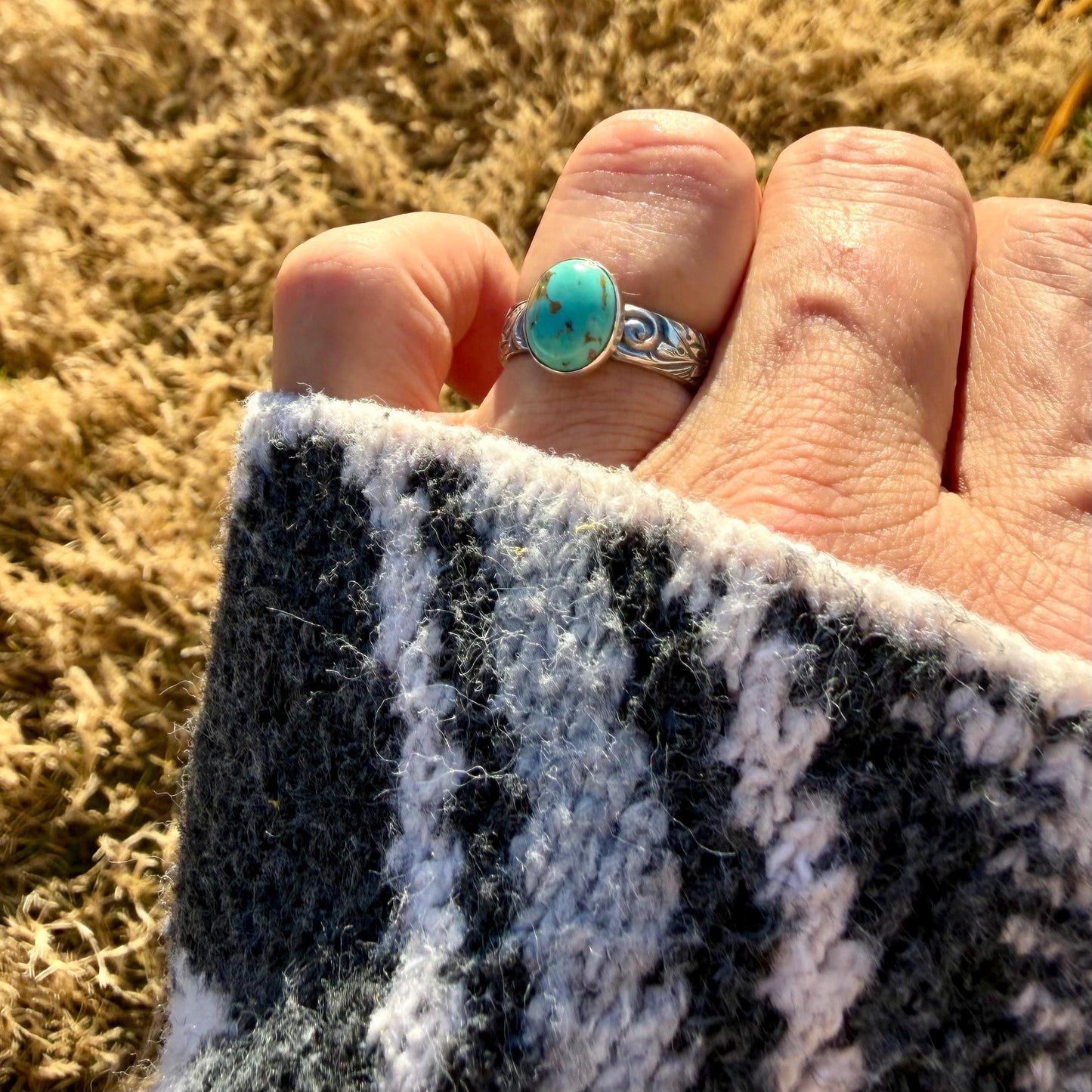 Sterling Silver Daisy Ring with Kingman Turquoise | Oval American Gemstone Jewelry