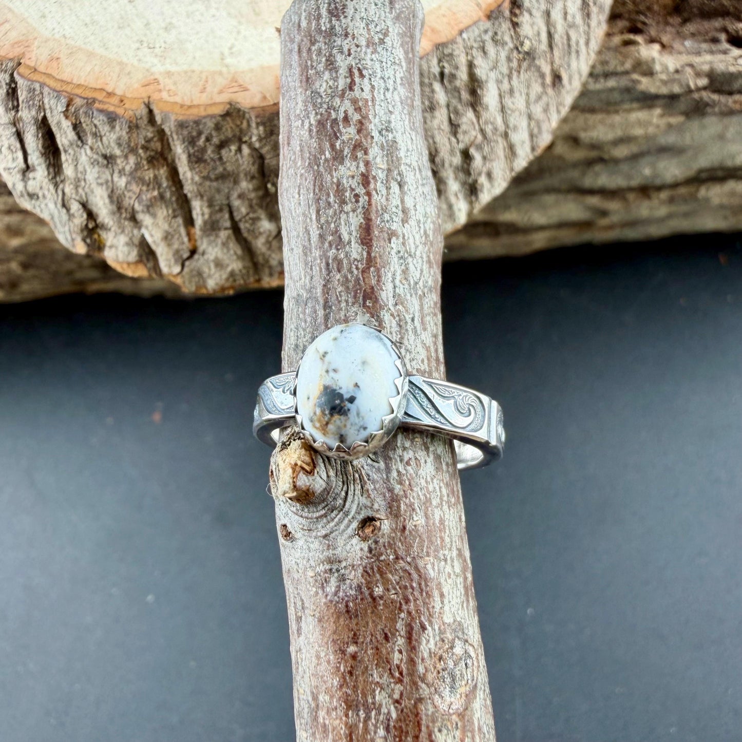 White Buffalo Ring • Southwest Sterling Silver Textured Band • 8×10 Oval Cabochon