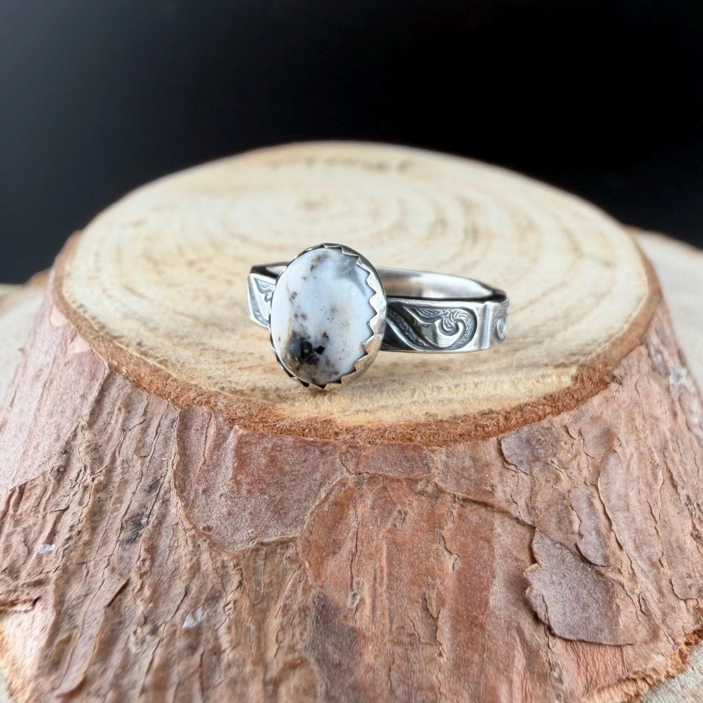 White Buffalo Ring • Southwest Sterling Silver Textured Band • 8×10 Oval Cabochon