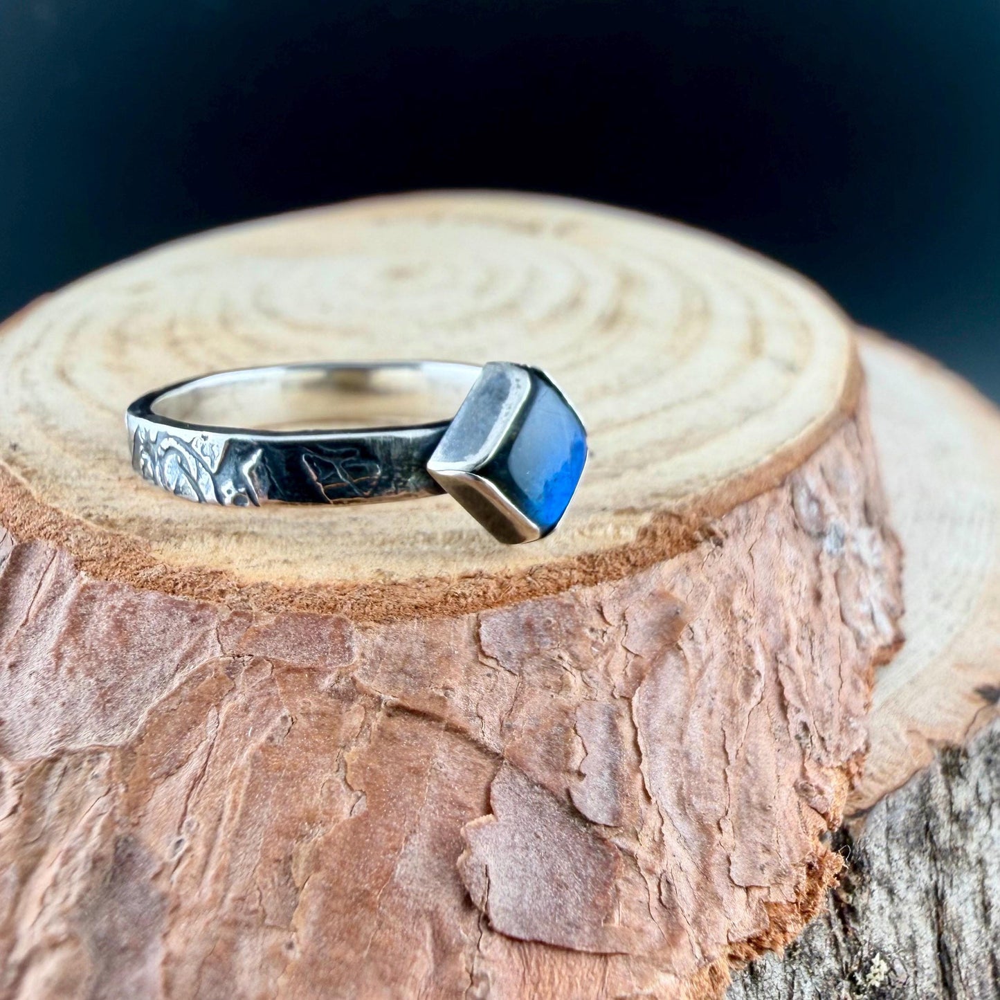 Sterling Silver Rectangle Band Ring with Blue-Fire Labradorite • 6mm Cabochon