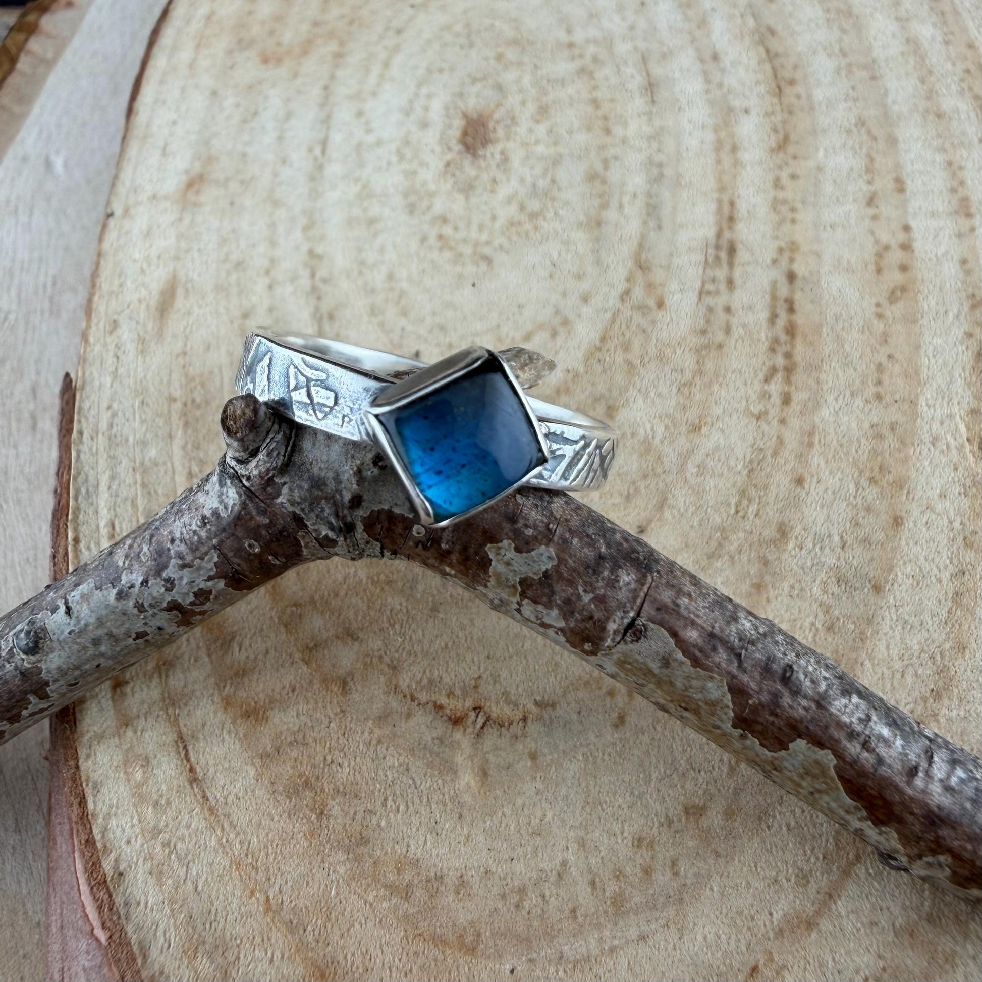 Sterling Silver Rectangle Band Ring with Blue-Fire Labradorite • 6mm Cabochon
