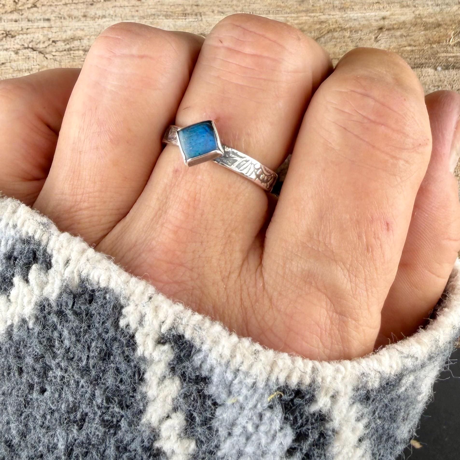 Sterling Silver Rectangle Band Ring with Blue-Fire Labradorite • 6mm Cabochon