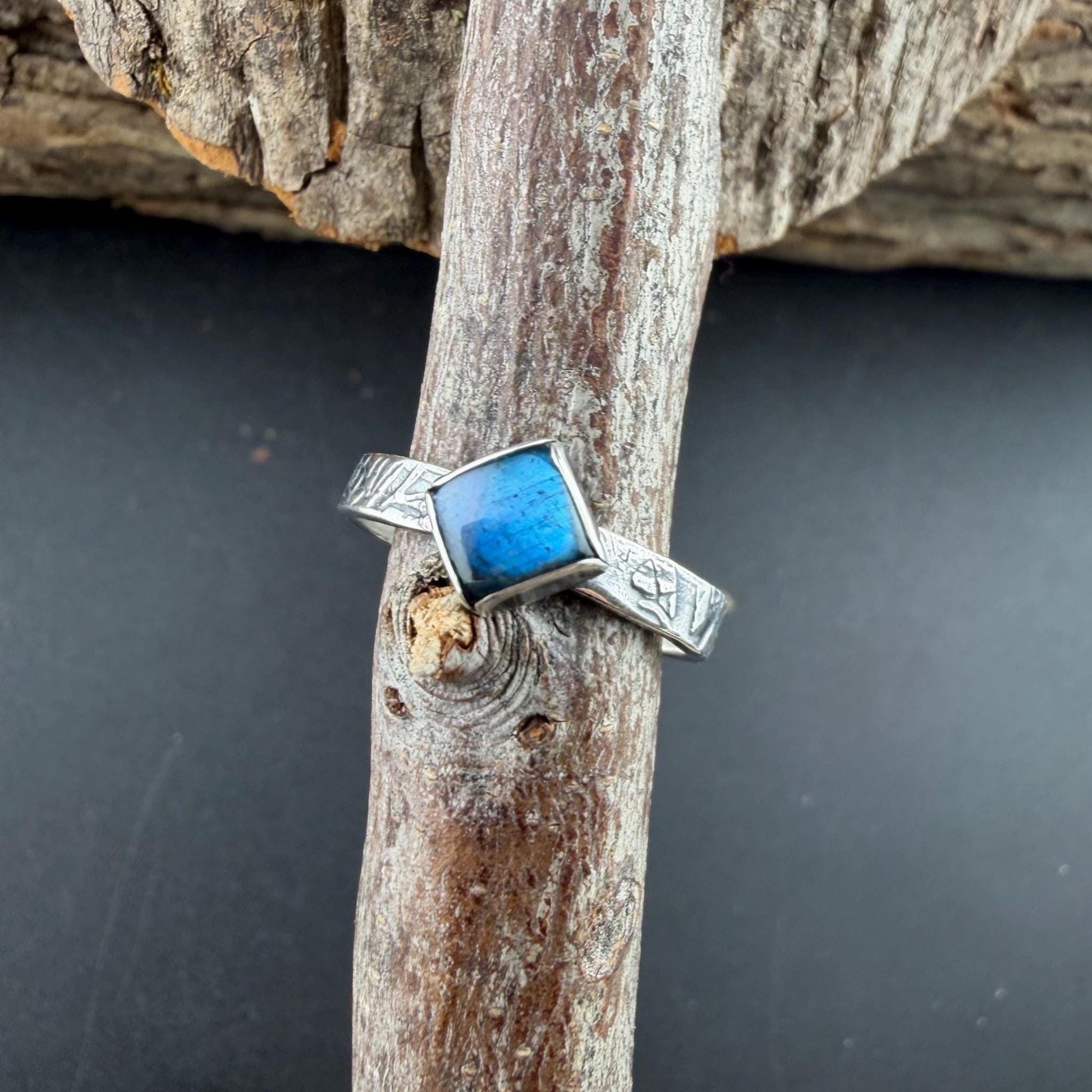 Sterling Silver Rectangle Band Ring with Blue-Fire Labradorite • 6mm Cabochon