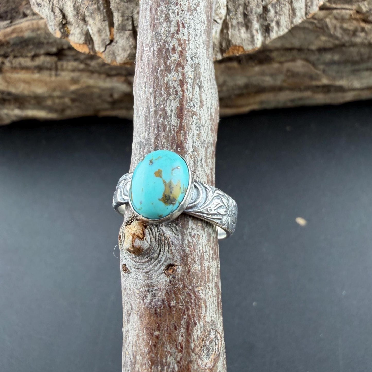 Sterling Silver Daisy Ring with Kingman Turquoise | Oval American Gemstone Jewelry