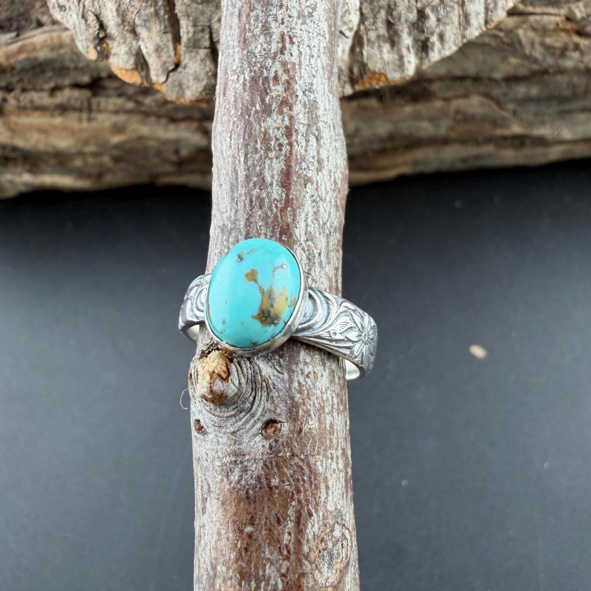 Sterling Silver Daisy Ring with Kingman Turquoise | Oval American Gemstone Jewelry