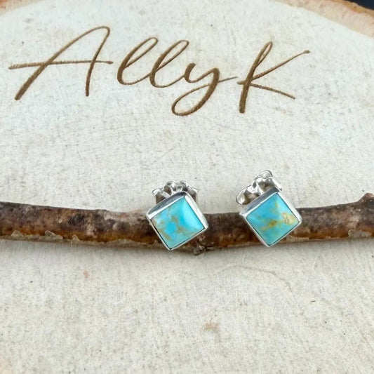 5mm Turquoise Stud Earrings Sterling Silver • Kingman Turquoise Blue Green Cabochon Posts