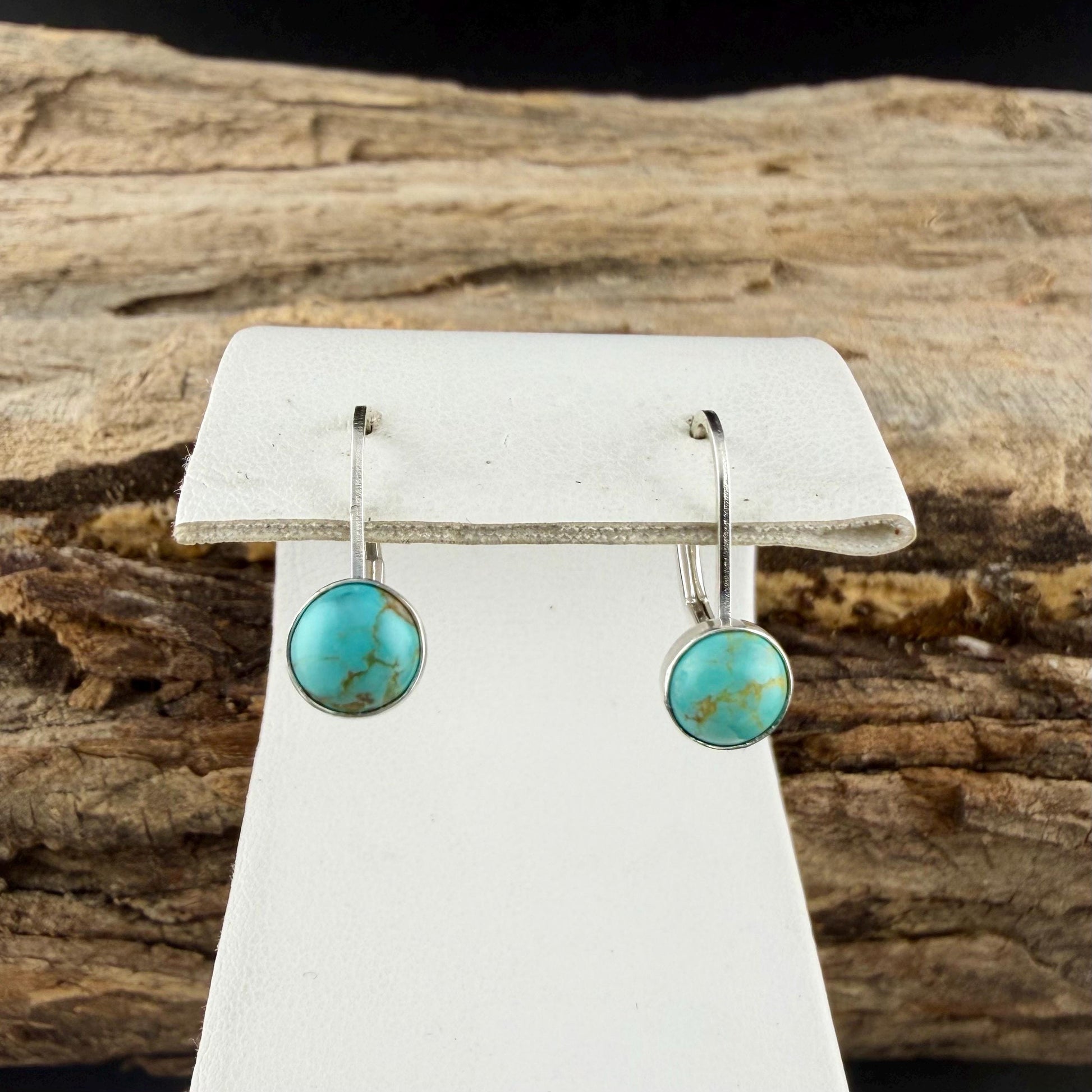 Kingman Turquoise Lever Back Earrings • 6mm Round Cabochon • Sterling Silver Dangle