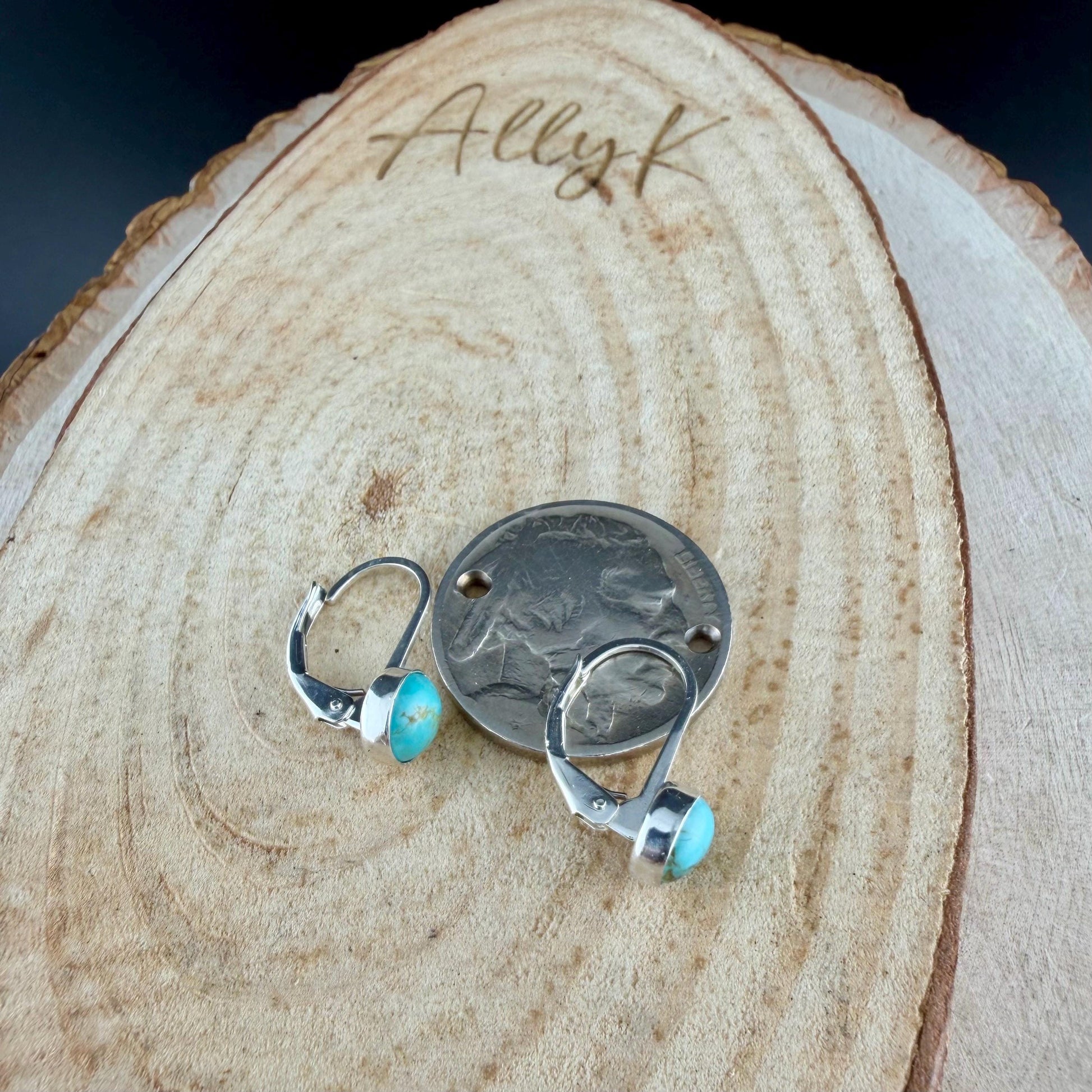 Kingman Turquoise Lever Back Earrings • 6mm Round Cabochon • Sterling Silver Dangle