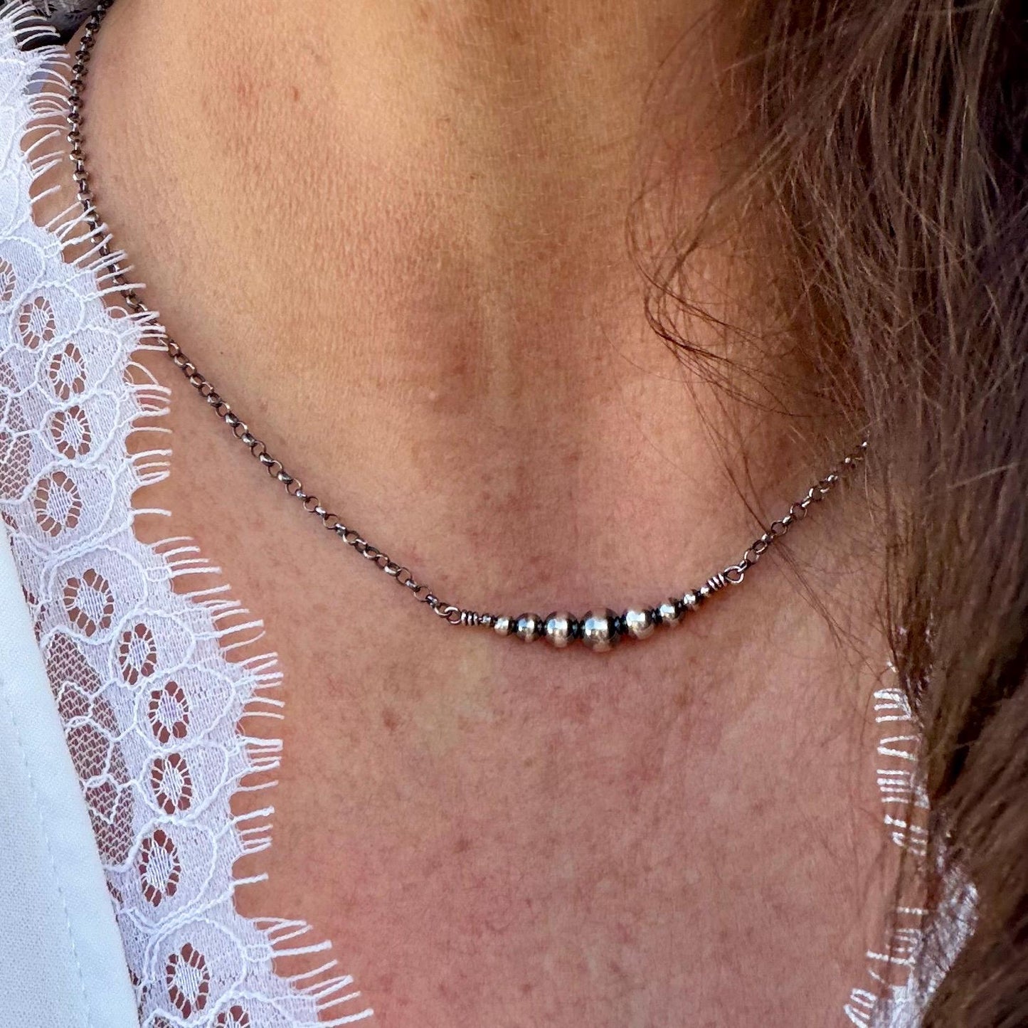 Sterling Silver Desert Pearl Bar Choker | Dainty Southwestern Necklace | Shiny or Oxidized Chain