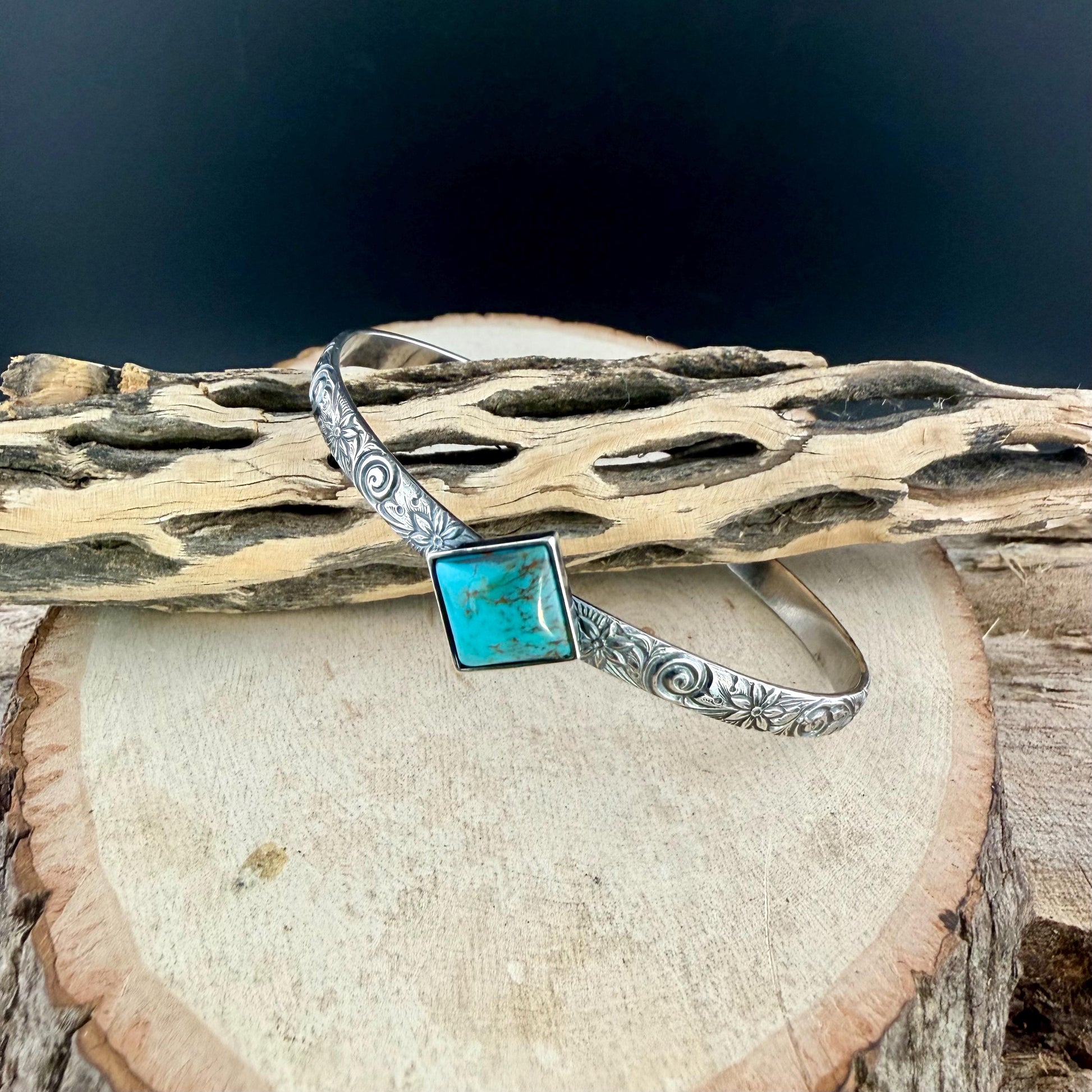 Kingman Turquoise Daisy Cuff Bracelet | Sterling Silver Floral Jewelry | Handmade Southwestern Style