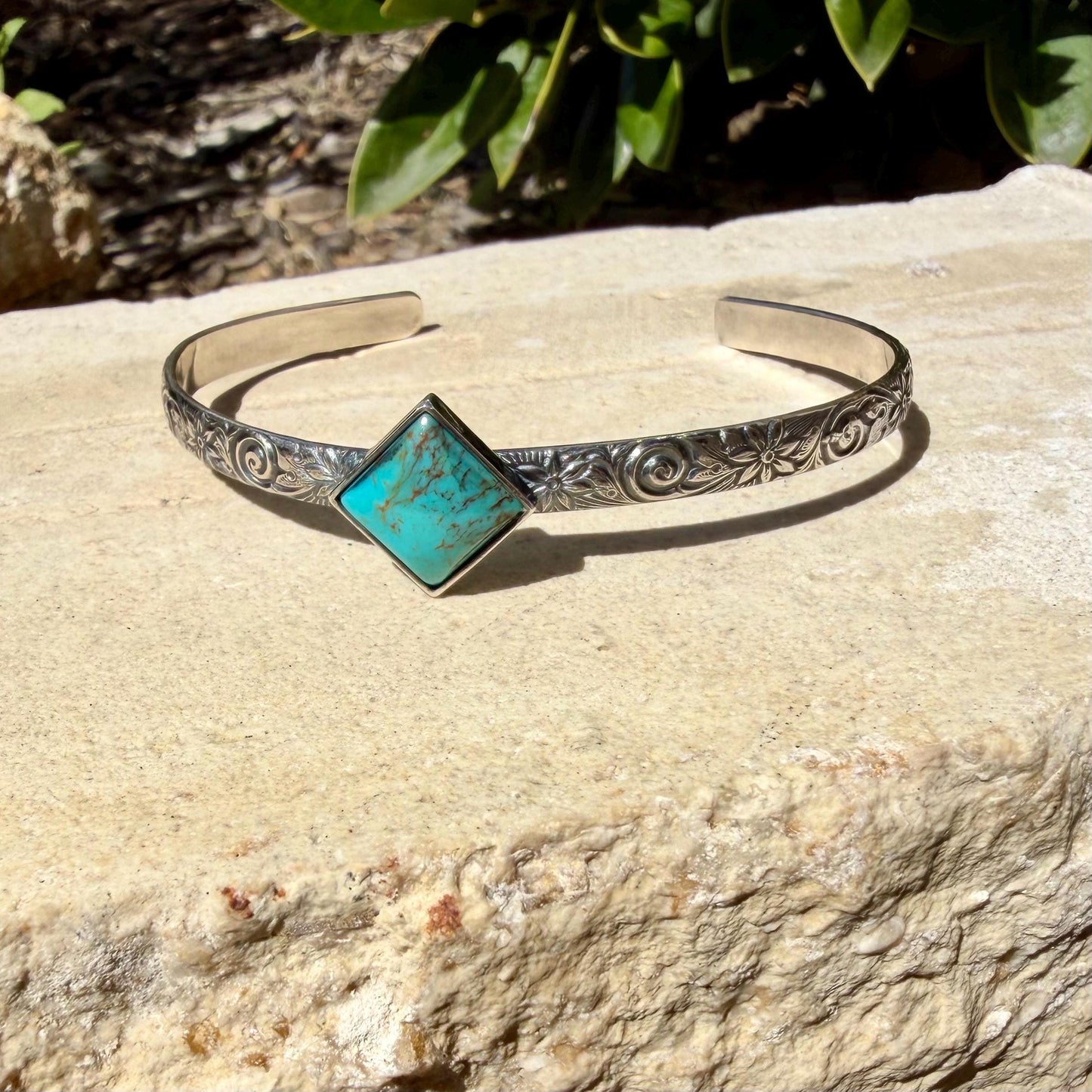 Kingman Turquoise Daisy Cuff Bracelet | Sterling Silver Floral Jewelry | Handmade Southwestern Style