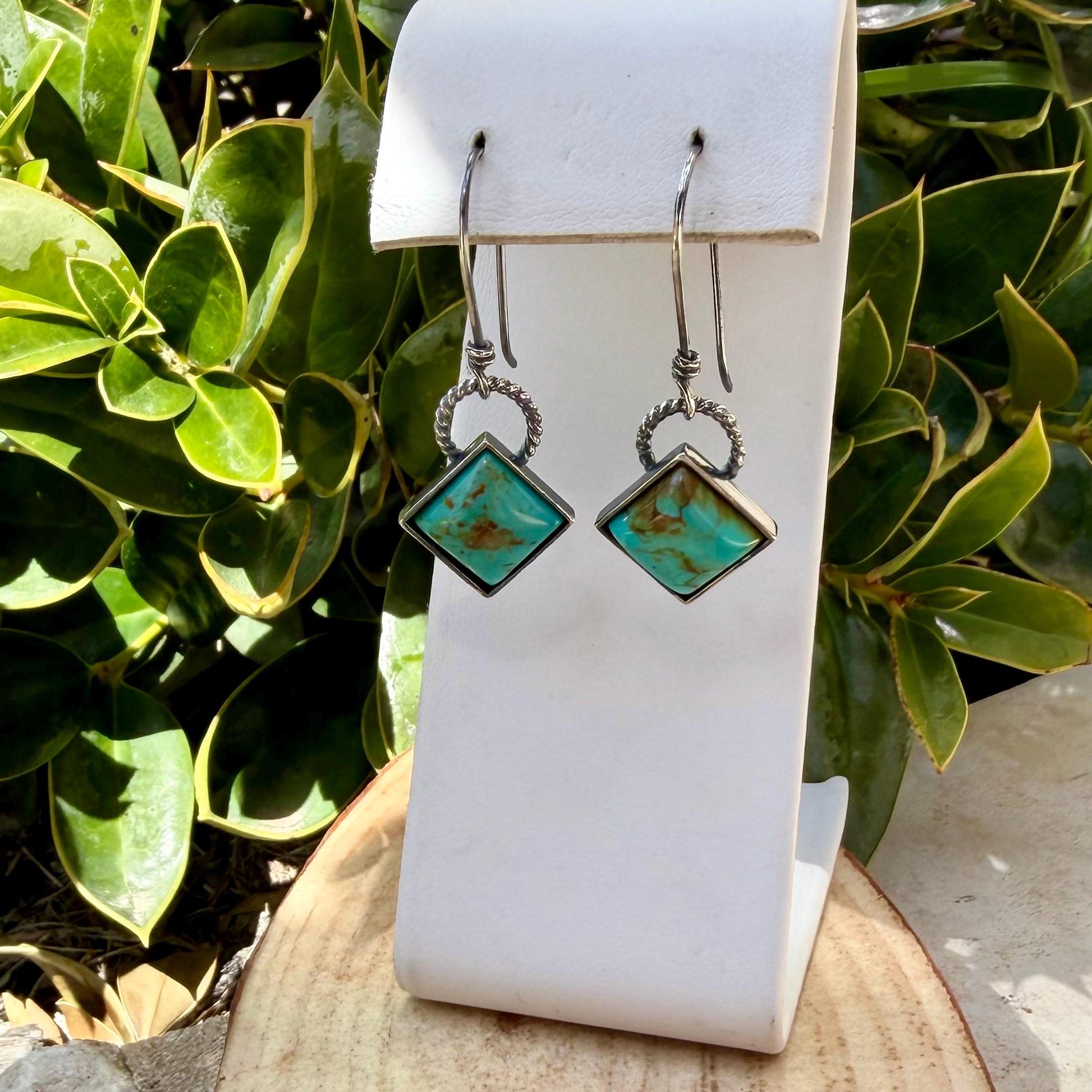 Sterling Silver Kingman Turquoise Earrings • 10mm Square • Handmade Wire Wrapped