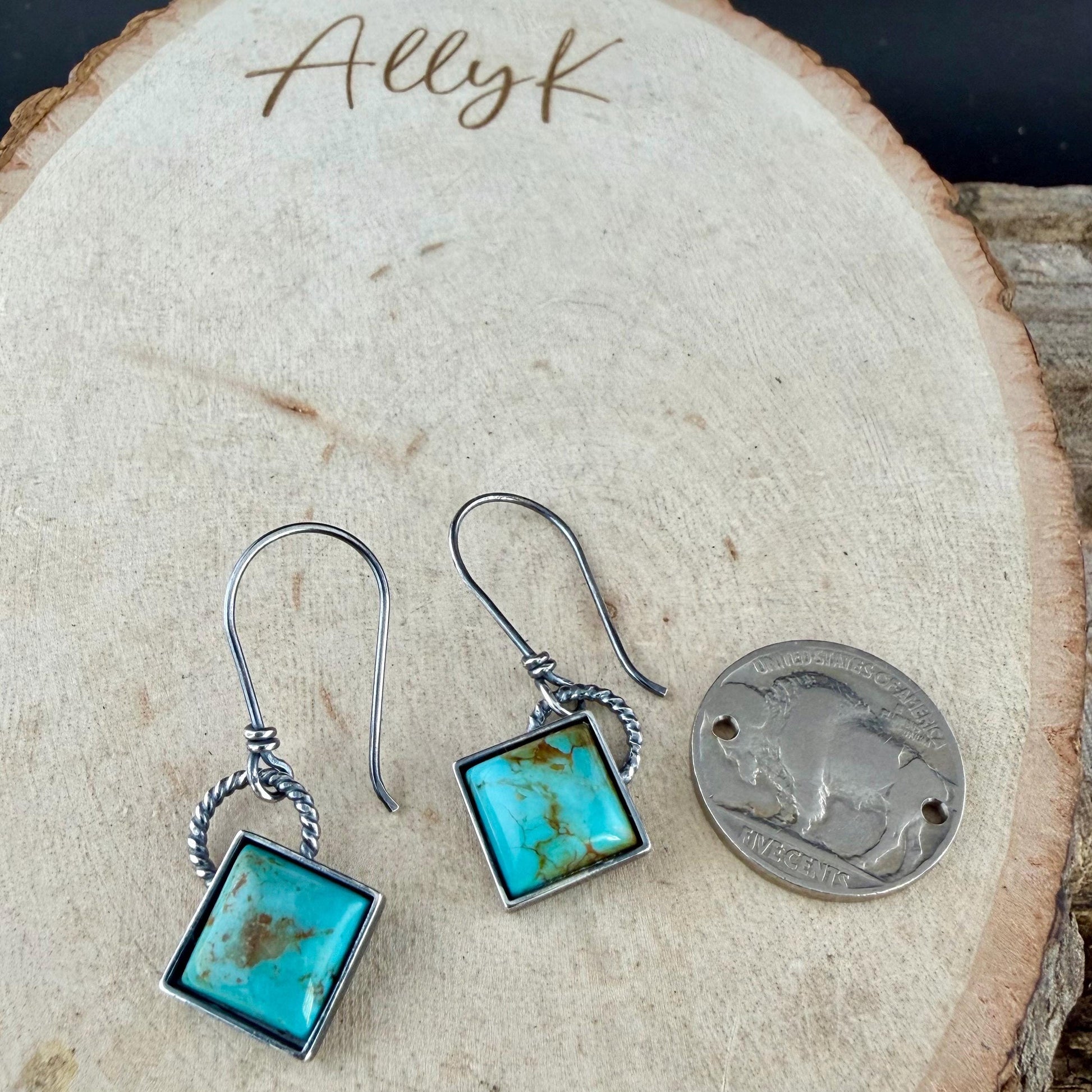 Sterling Silver Kingman Turquoise Earrings • 10mm Square • Handmade Wire Wrapped