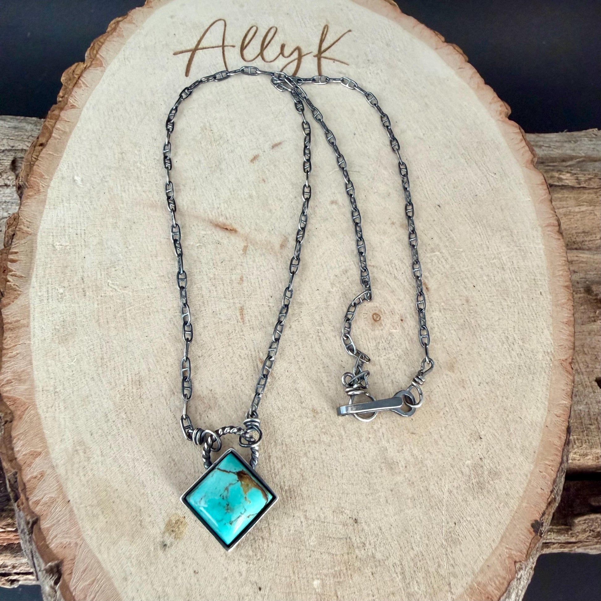 Kingman Turquoise Pendant Necklace • 10mm Turquoise Stone • Sterling Silver Mariner Chain