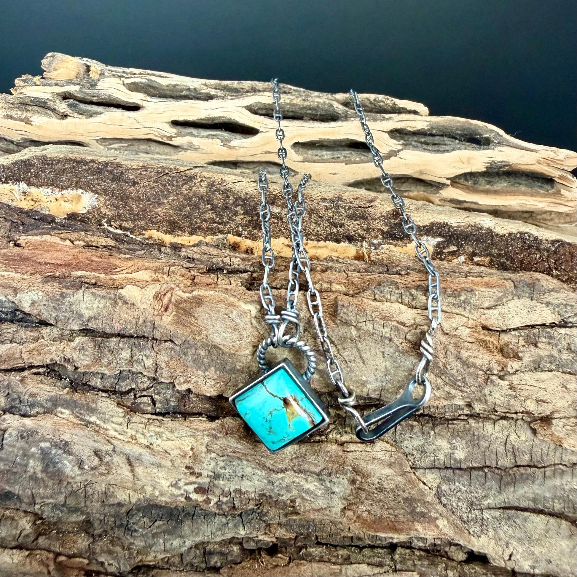 Kingman Turquoise Pendant Necklace • 10mm Turquoise Stone • Sterling Silver Mariner Chain