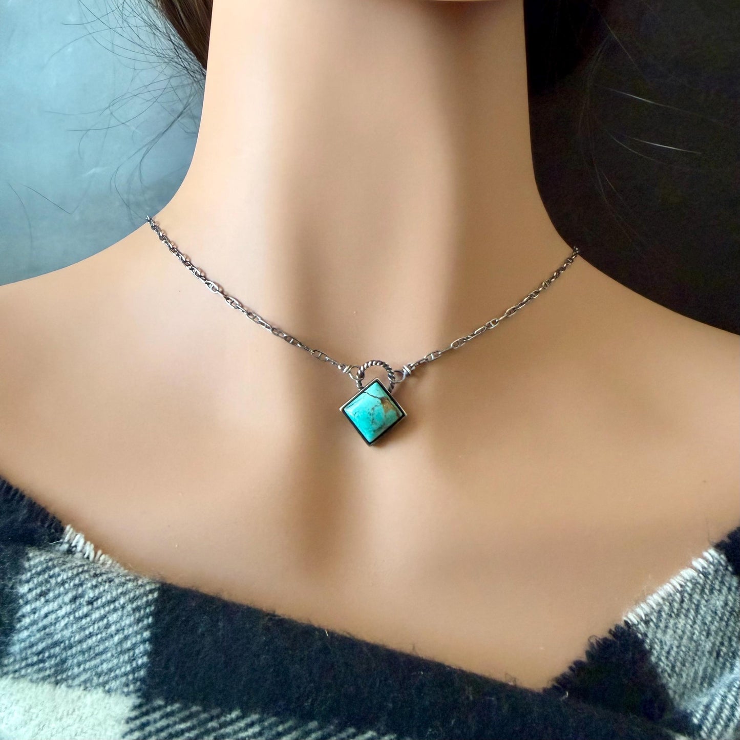 Kingman Turquoise Pendant Necklace • 10mm Turquoise Stone • Sterling Silver Mariner Chain