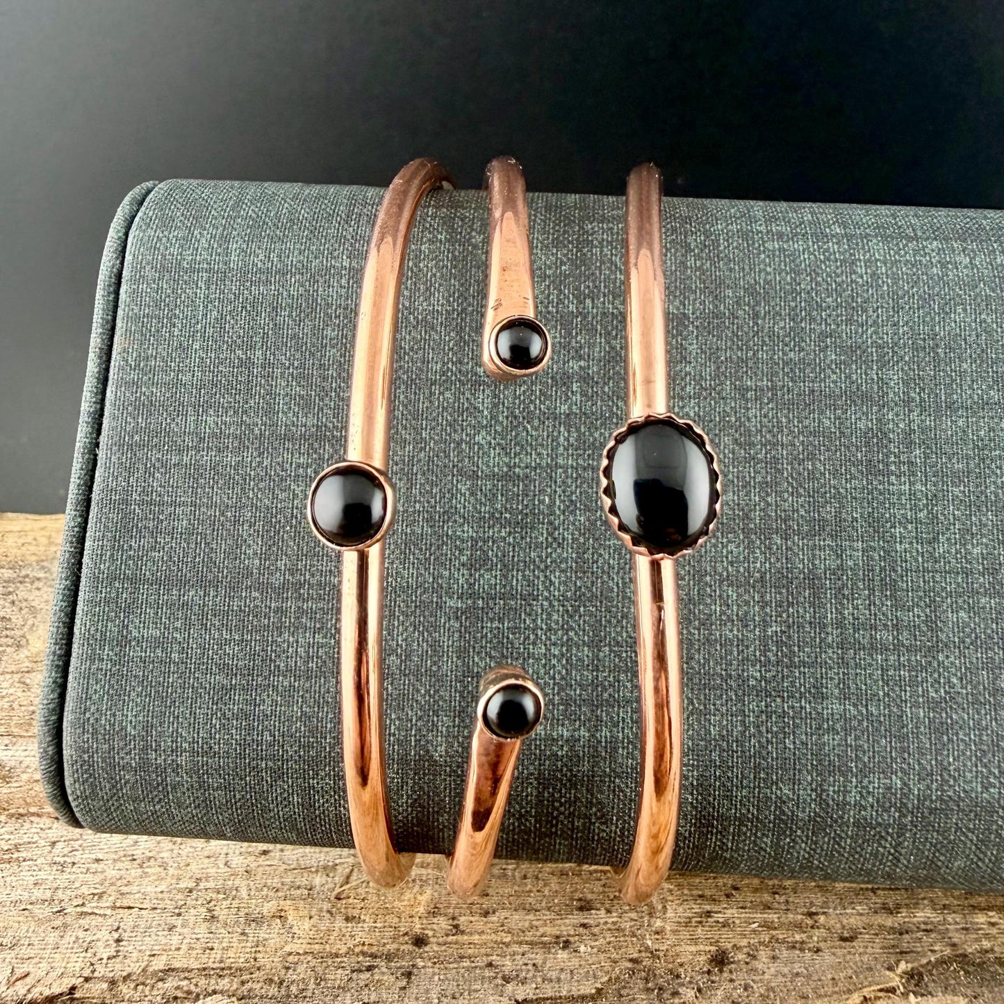Black Onyx Copper Cuff Bracelet Set • Hand‑Forged Stack of 3 Gemstone Cuffs