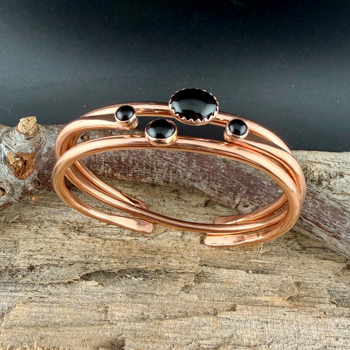 Black Onyx Copper Cuff Bracelet Set • Hand‑Forged Stack of 3 Gemstone Cuffs