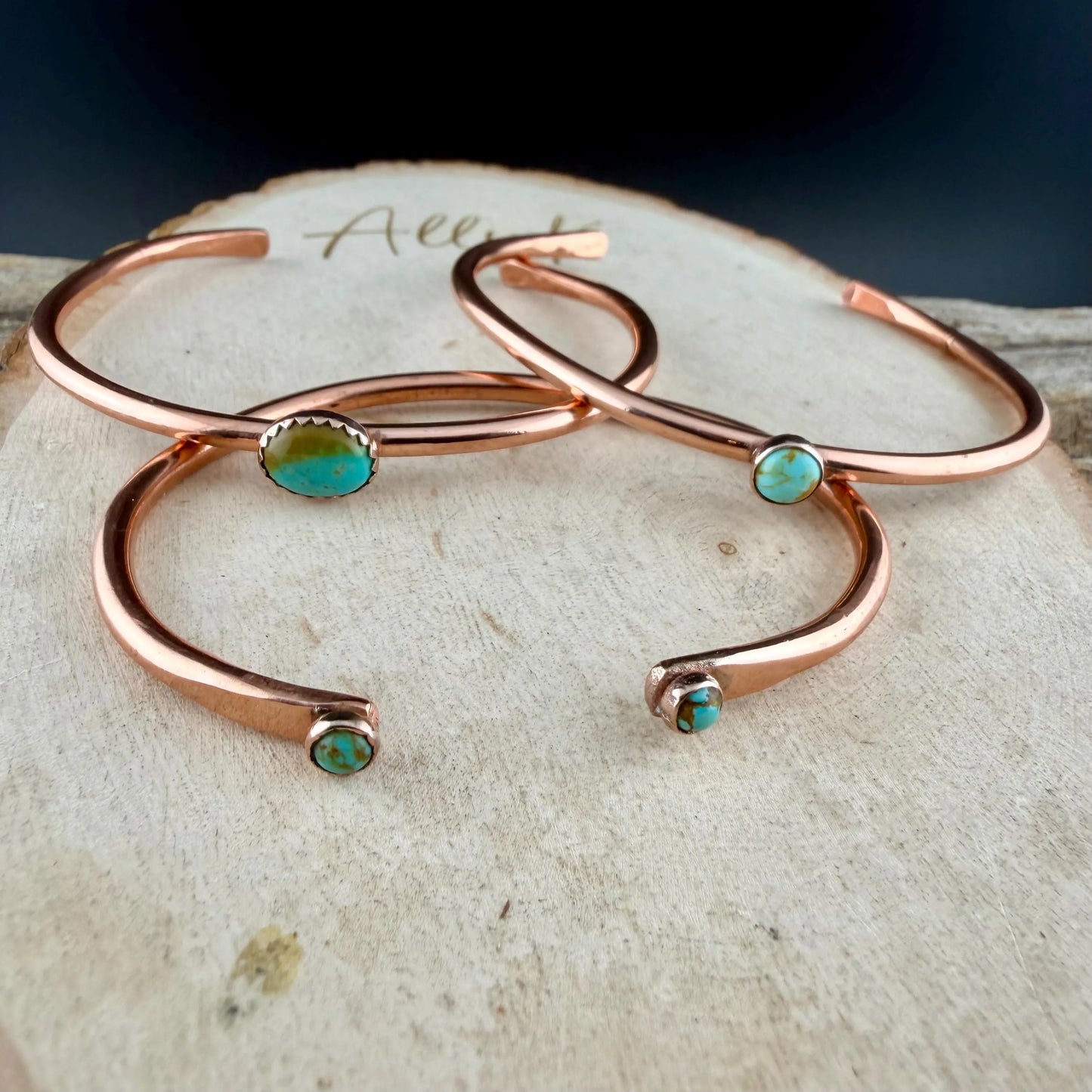 Kingman Turquoise Copper Cuff Bracelet Set • Hand‑Forged Stack of 3 Gemstone Cuffs