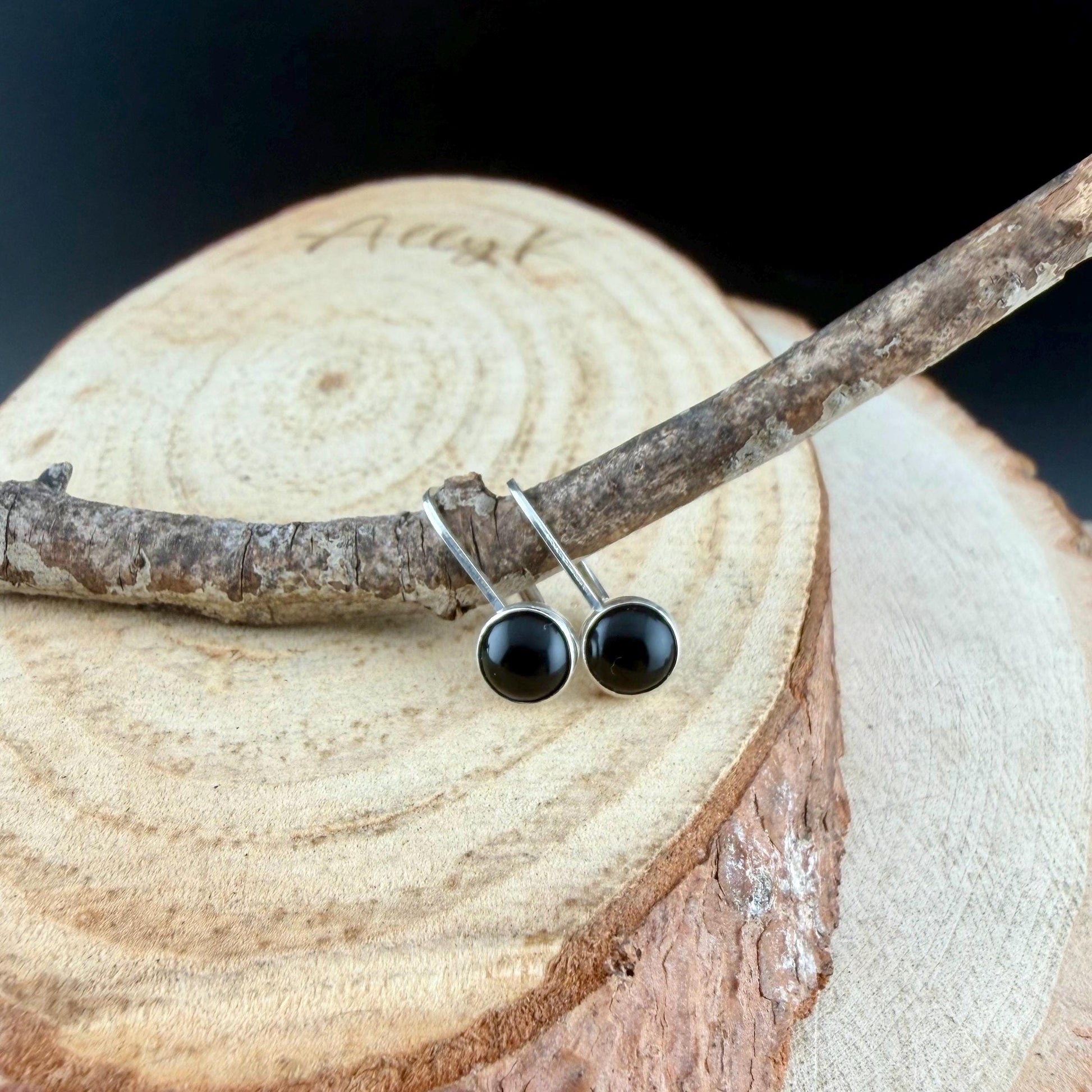 Sterling Silver Lever-Back Black Onyx Earrings • 6mm Round Cabochon • Minimalist Style