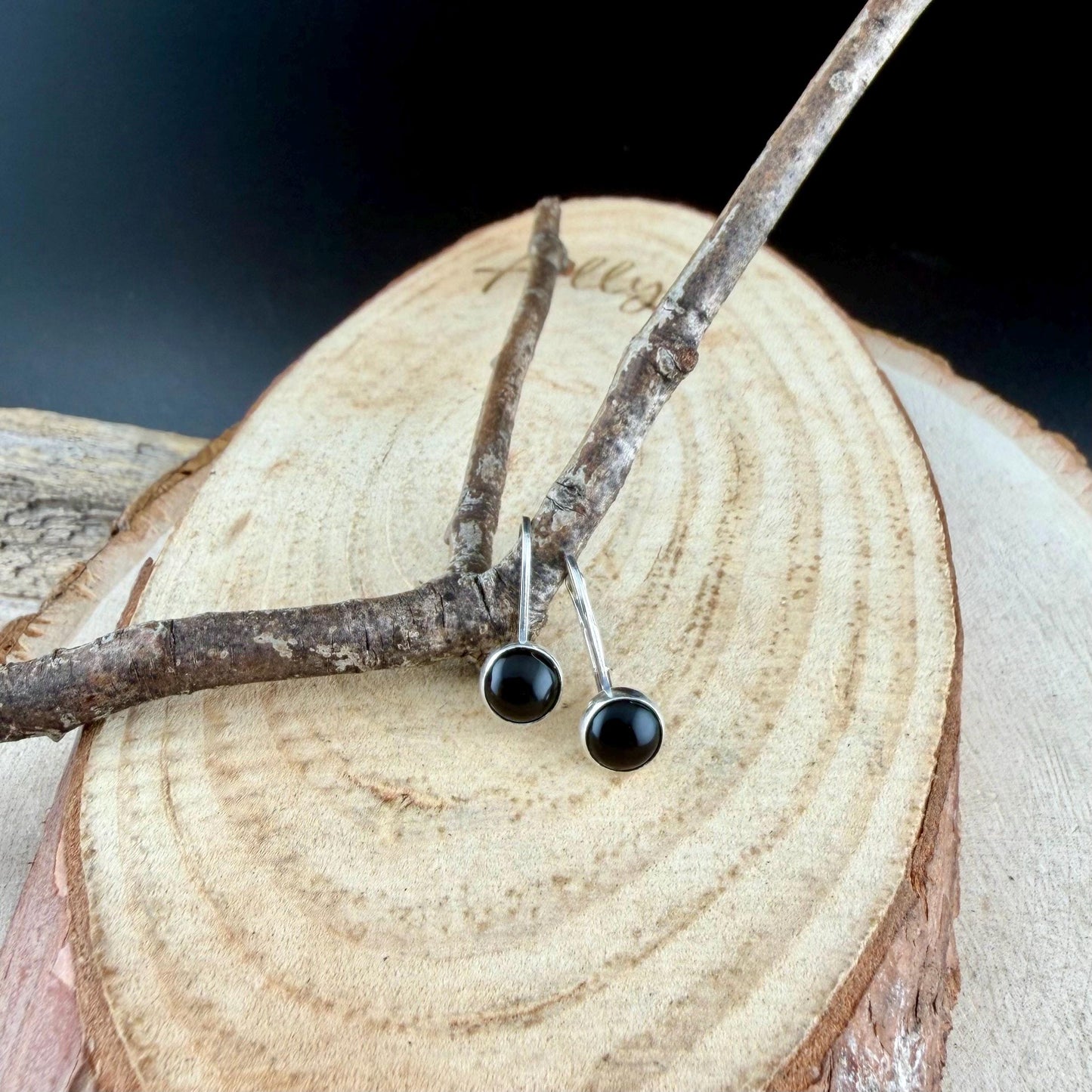 Sterling Silver Lever-Back Black Onyx Earrings • 6mm Round Cabochon • Minimalist Style