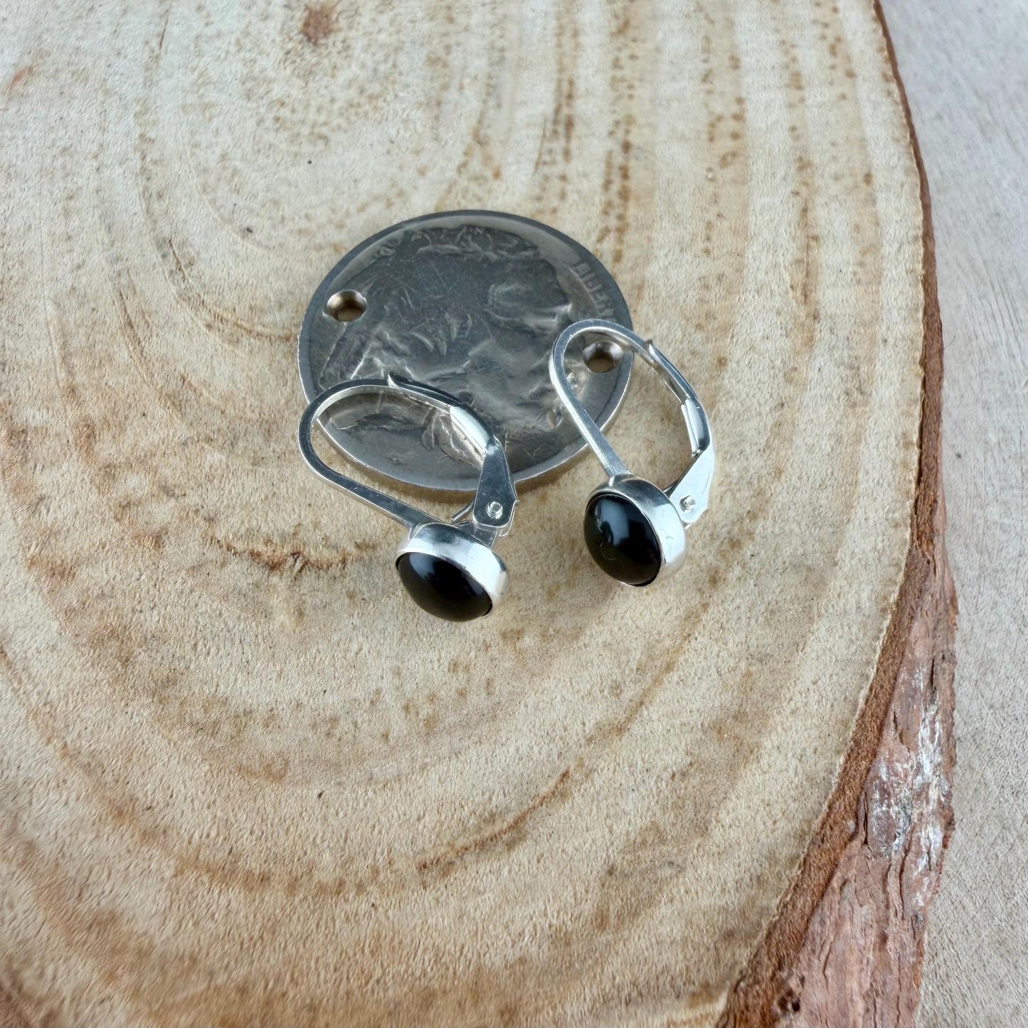 Sterling Silver Lever-Back Black Onyx Earrings • 6mm Round Cabochon • Minimalist Style