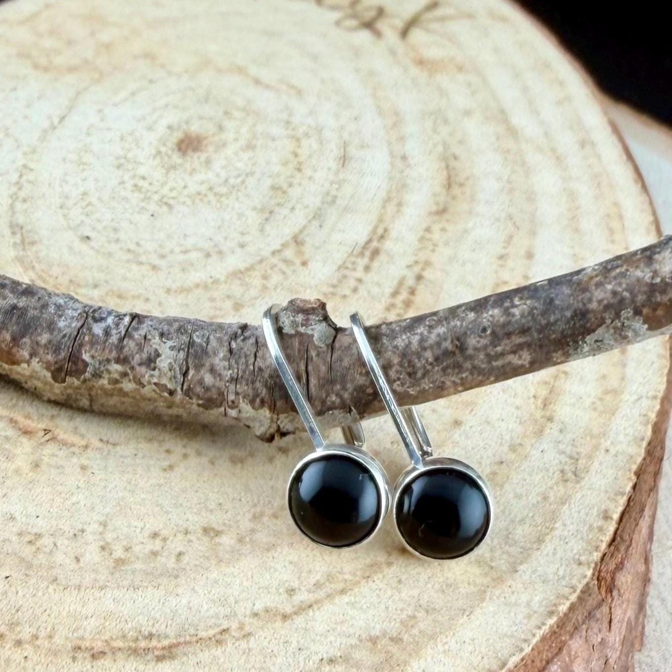 Sterling Silver Lever-Back Black Onyx Earrings • 6mm Round Cabochon • Minimalist Style